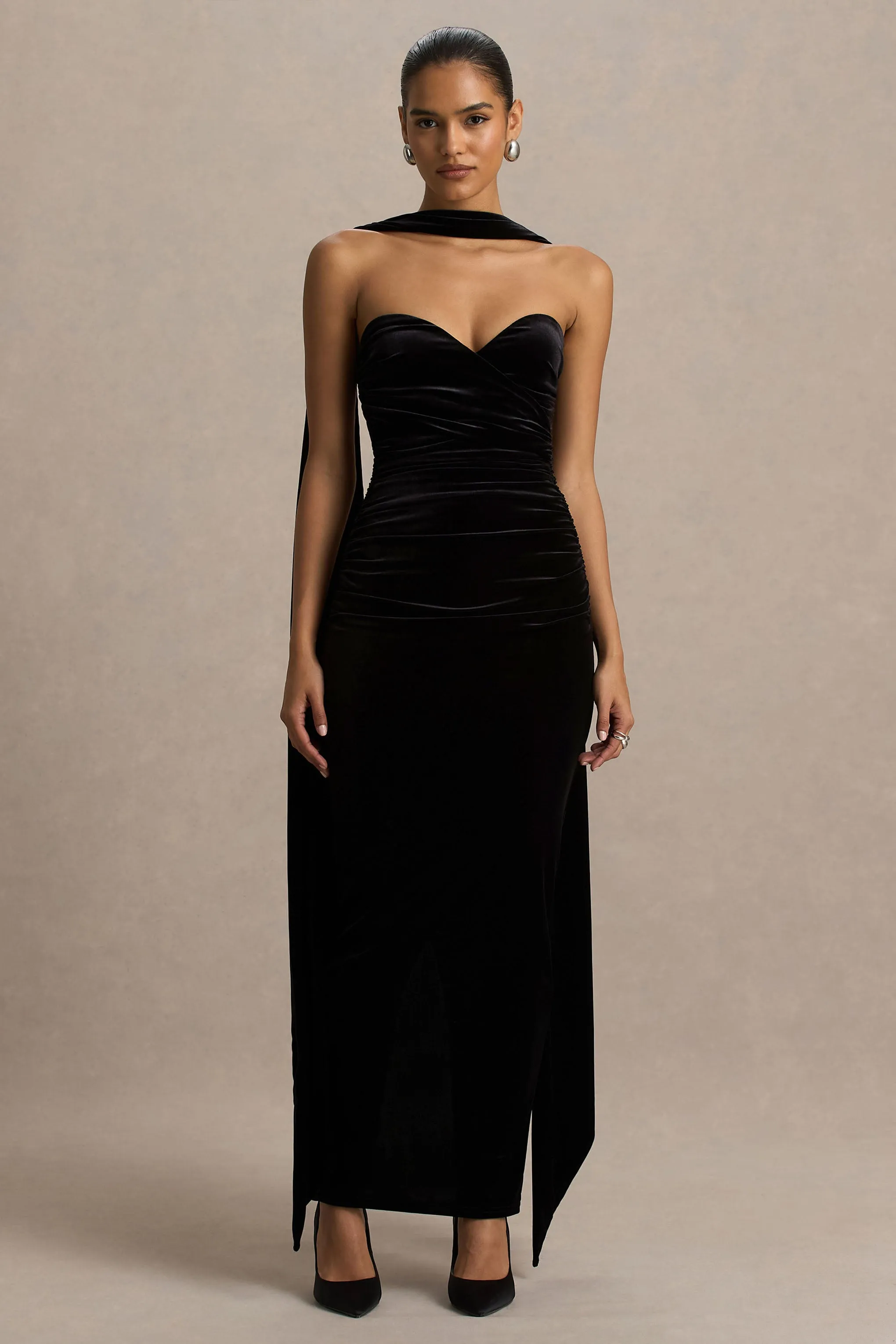 Paloma | Black Velvet Bandeau-Neck Maxi Dress With Scarf sold by Club L London product image thumbnail 5
