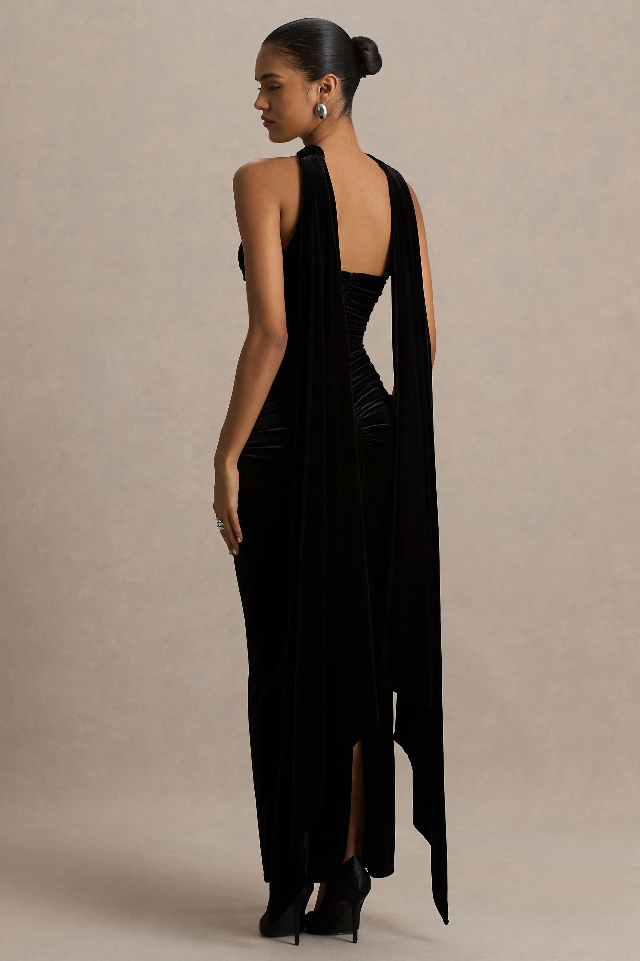 Paloma | Black Velvet Bandeau-Neck Maxi Dress With Scarf sold by Club L London product image thumbnail 2