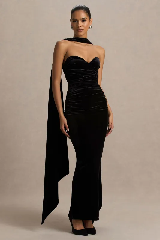 Paloma | Black Velvet Bandeau-Neck Maxi Dress With Scarf sold by Club L London