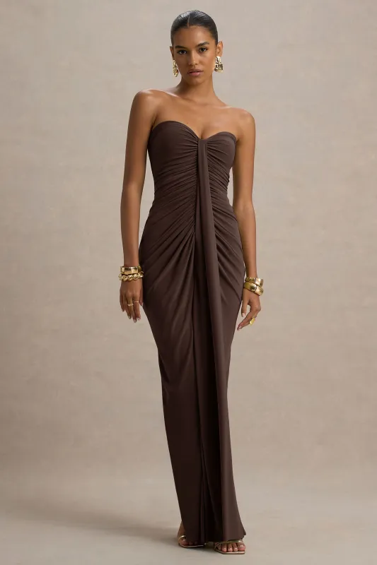 Ali | Warm Brown Sweetheart Ruched Wrap Maxi Dress sold by Club L London