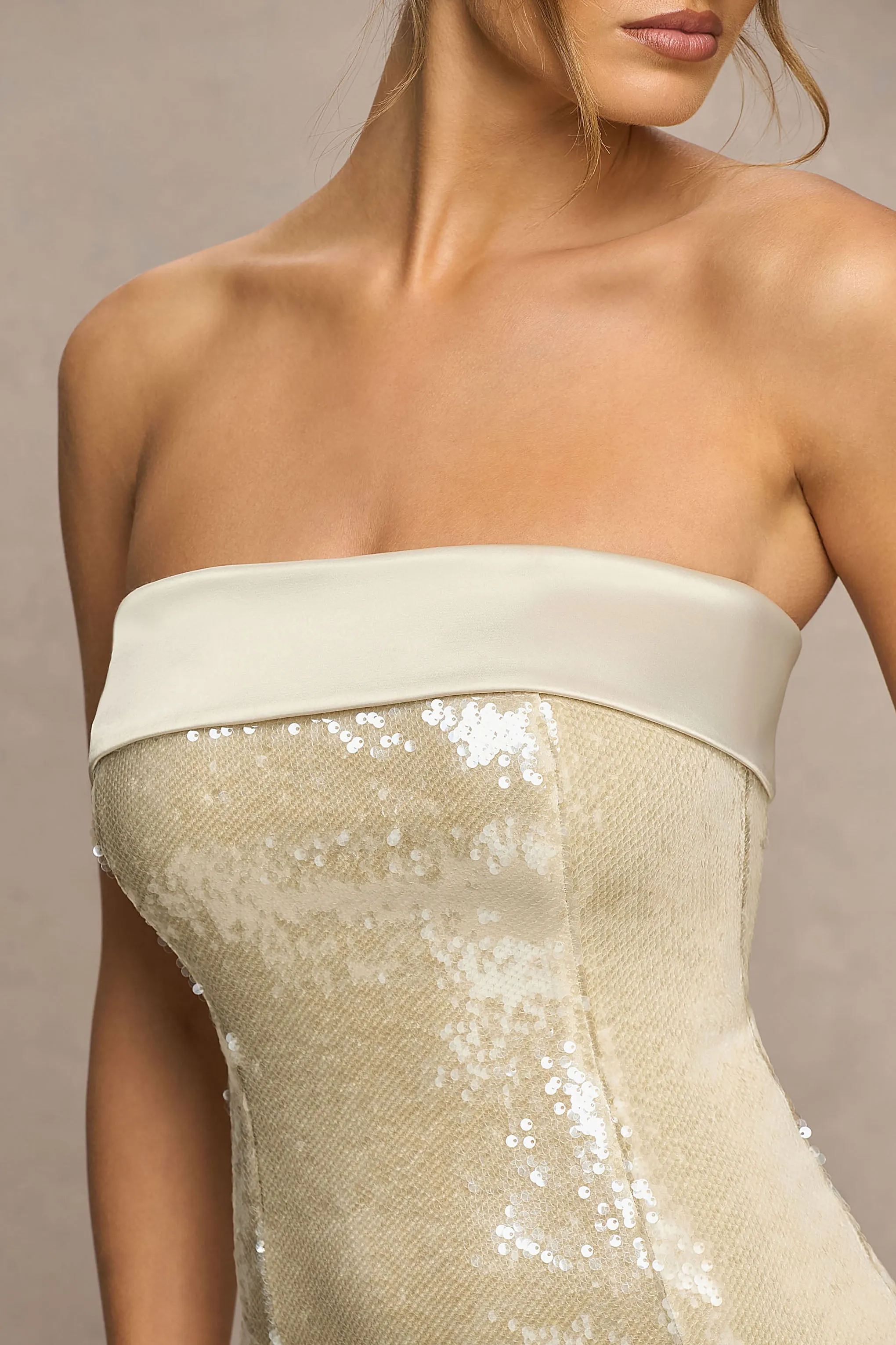 Casandra | Champagne Sequin Bandeau Mini Dress With Satin Trim sold by Club L London product image thumbnail 3
