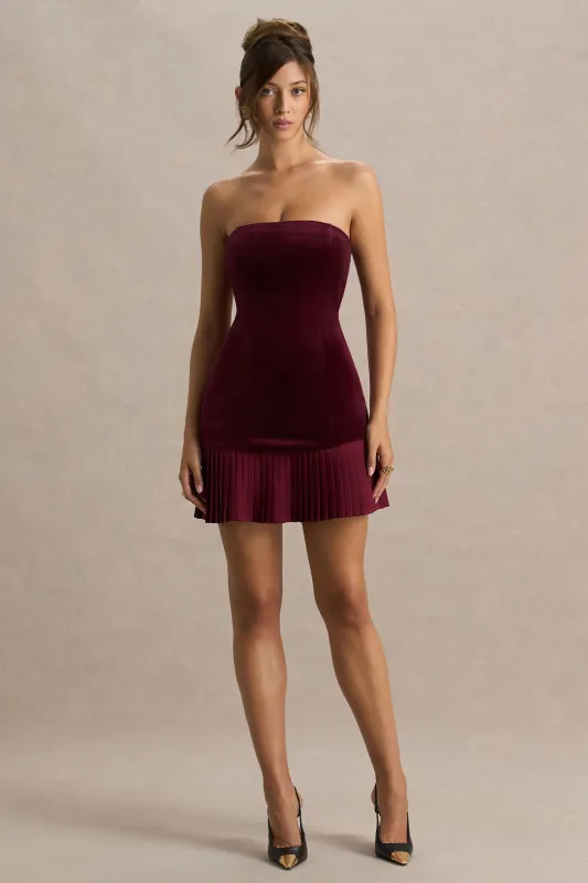 Valentina | Burgundy Bandeau Velvet Mini Dress With Pleated Detailing sold by Club L London