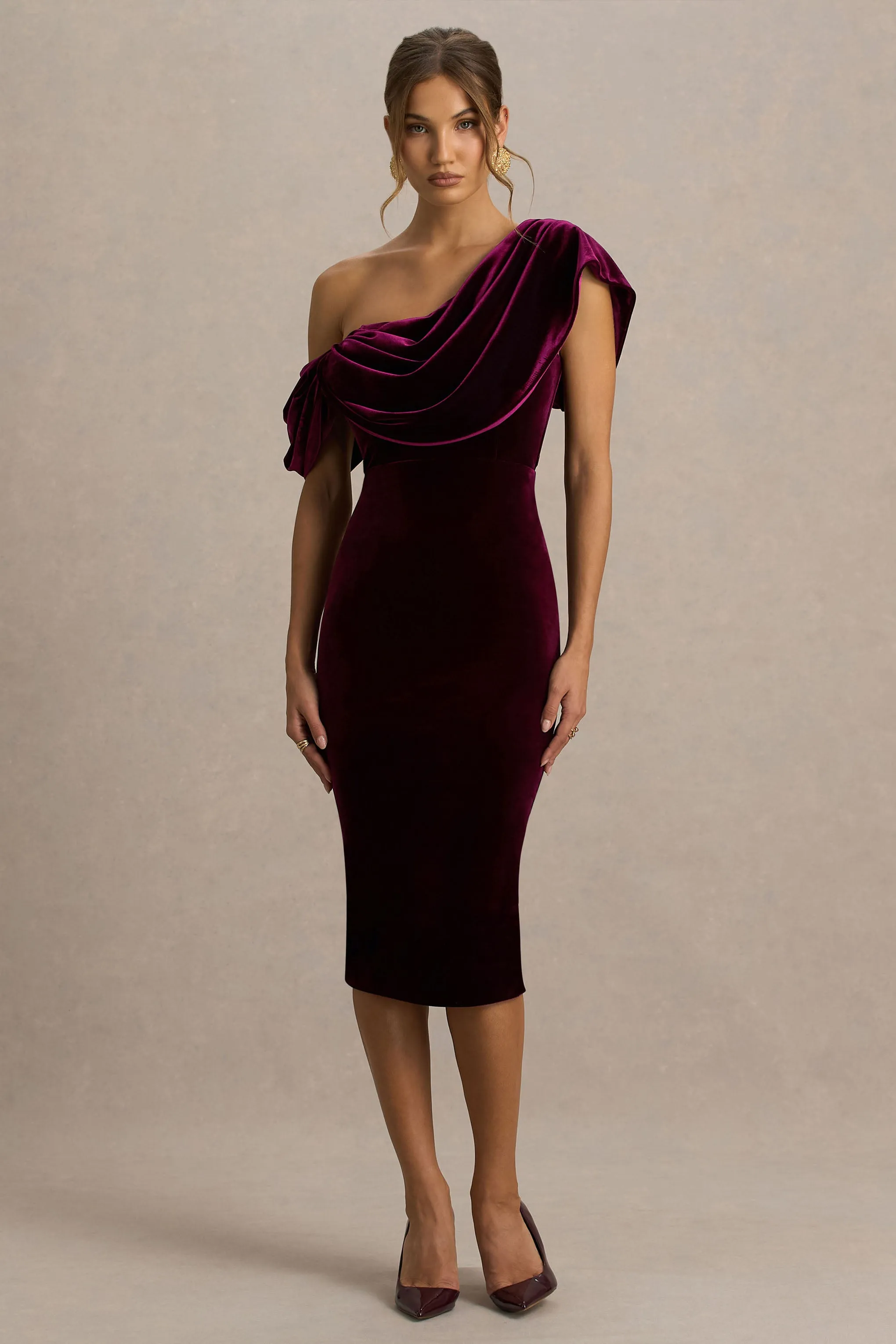 High End | Burgundy Velvet Asymmetric-Neck Midi Dress With Draped Detailing sold by Club L London product image thumbnail 5