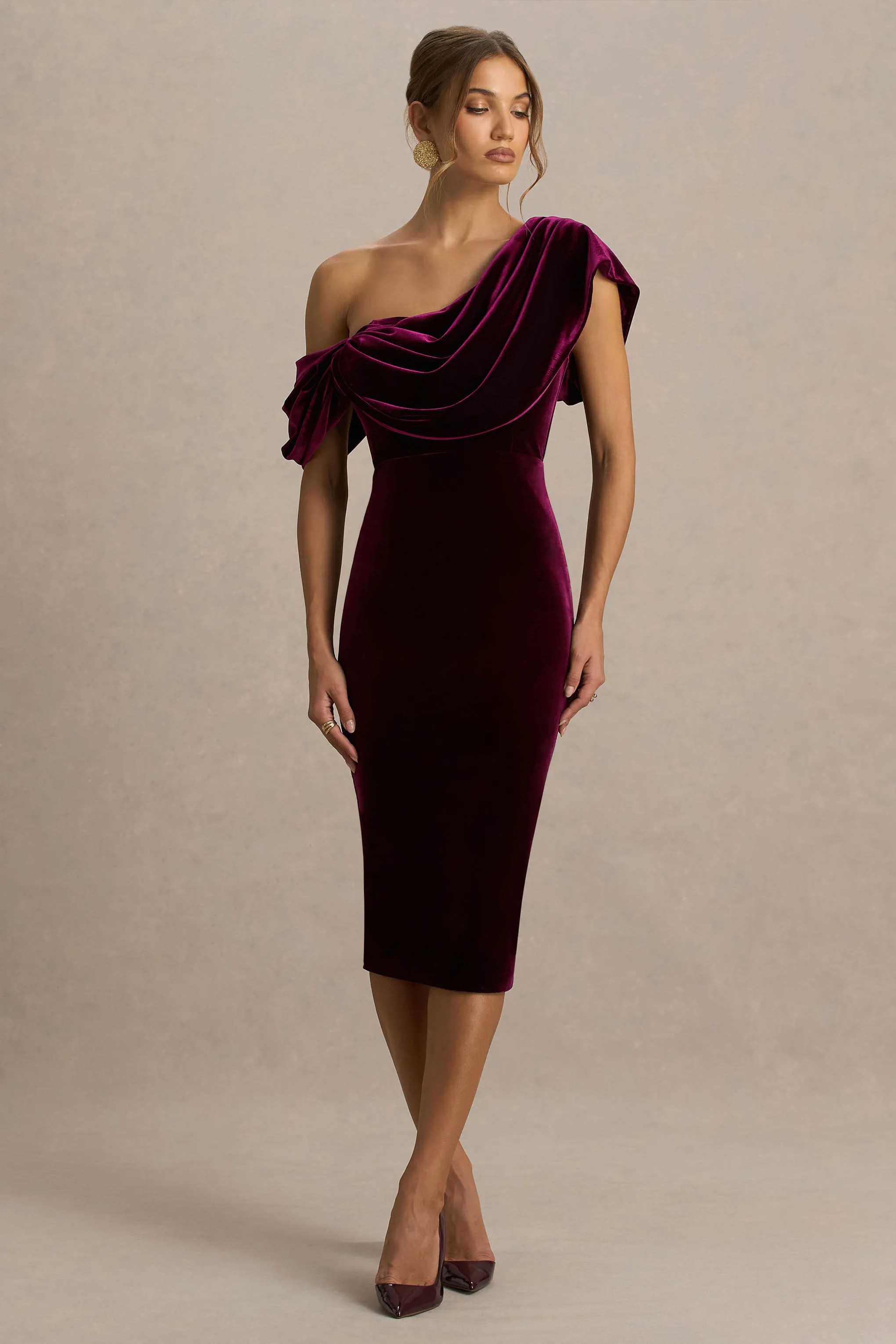 High End | Burgundy Velvet Asymmetric-Neck Midi Dress With Draped Detailing sold by Club L London product image thumbnail 4