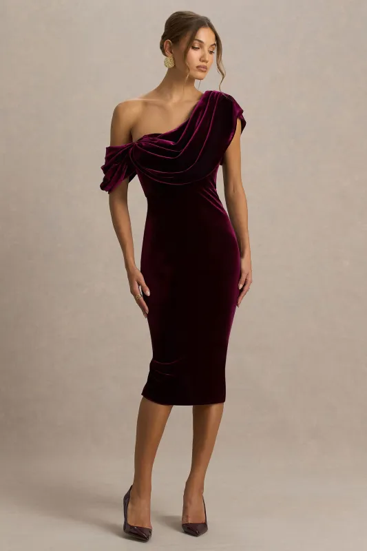 High End | Burgundy Velvet Asymmetric-Neck Midi Dress With Draped Detailing sold by Club L London