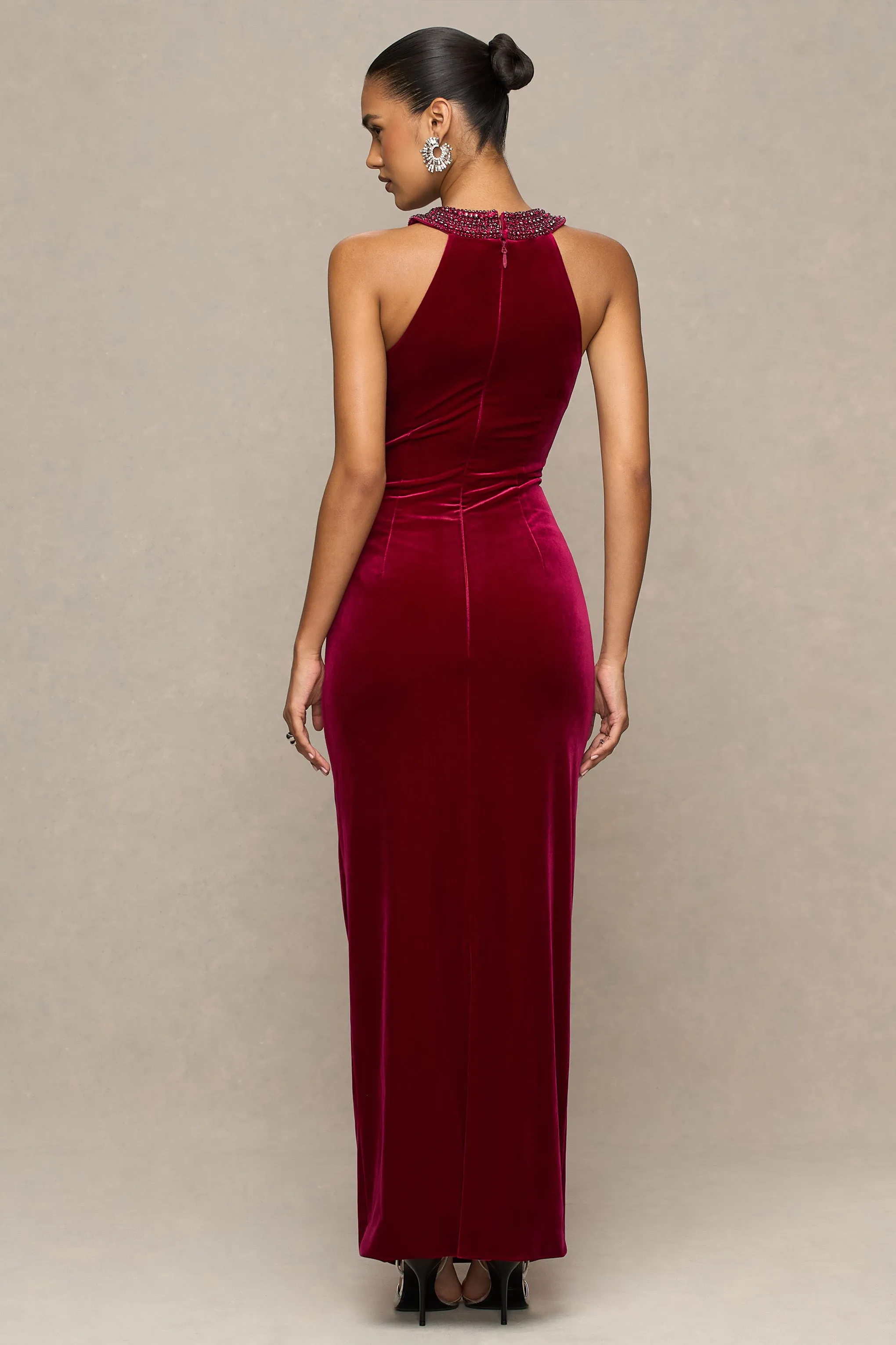 Darya | Burgundy Velvet Embellished High-Neck Maxi Dress sold by Club L London product image thumbnail 2