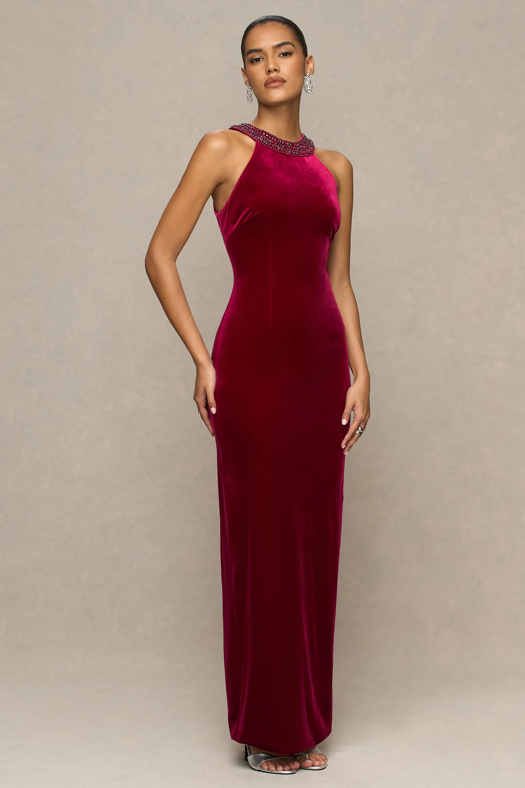 Darya | Burgundy Velvet Embellished High-Neck Maxi Dress sold by Club L London product image thumbnail 3