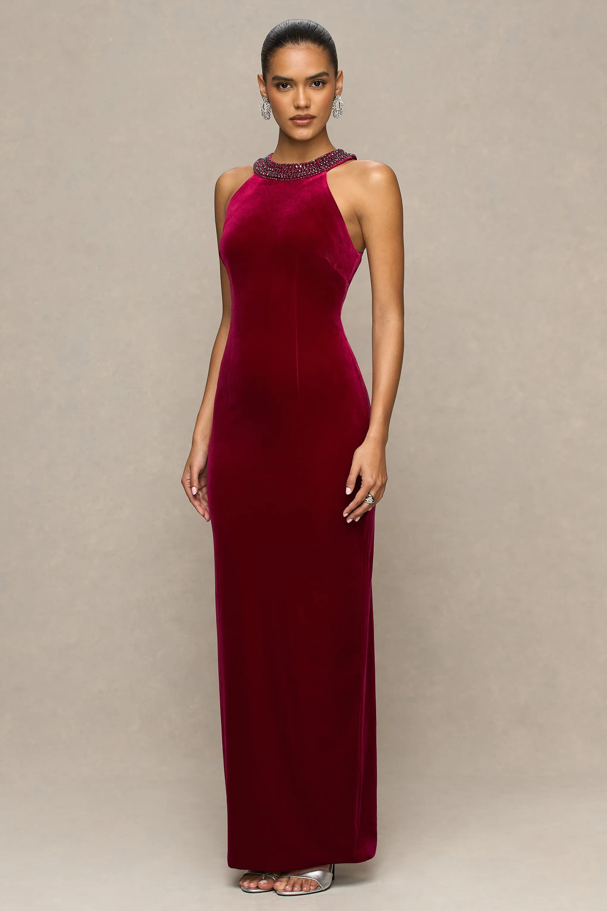 Darya | Burgundy Velvet Embellished High-Neck Maxi Dress sold by Club L London product image thumbnail 4