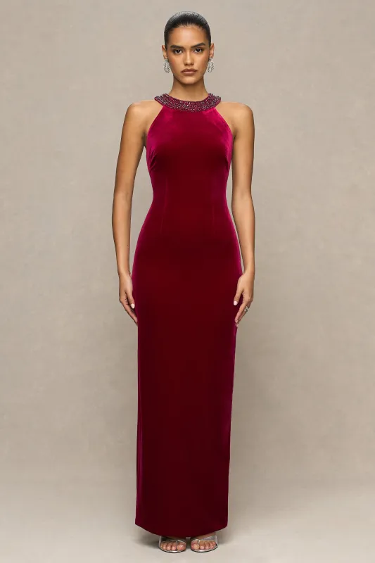 Darya | Burgundy Velvet Embellished High-Neck Maxi Dress sold by Club L London