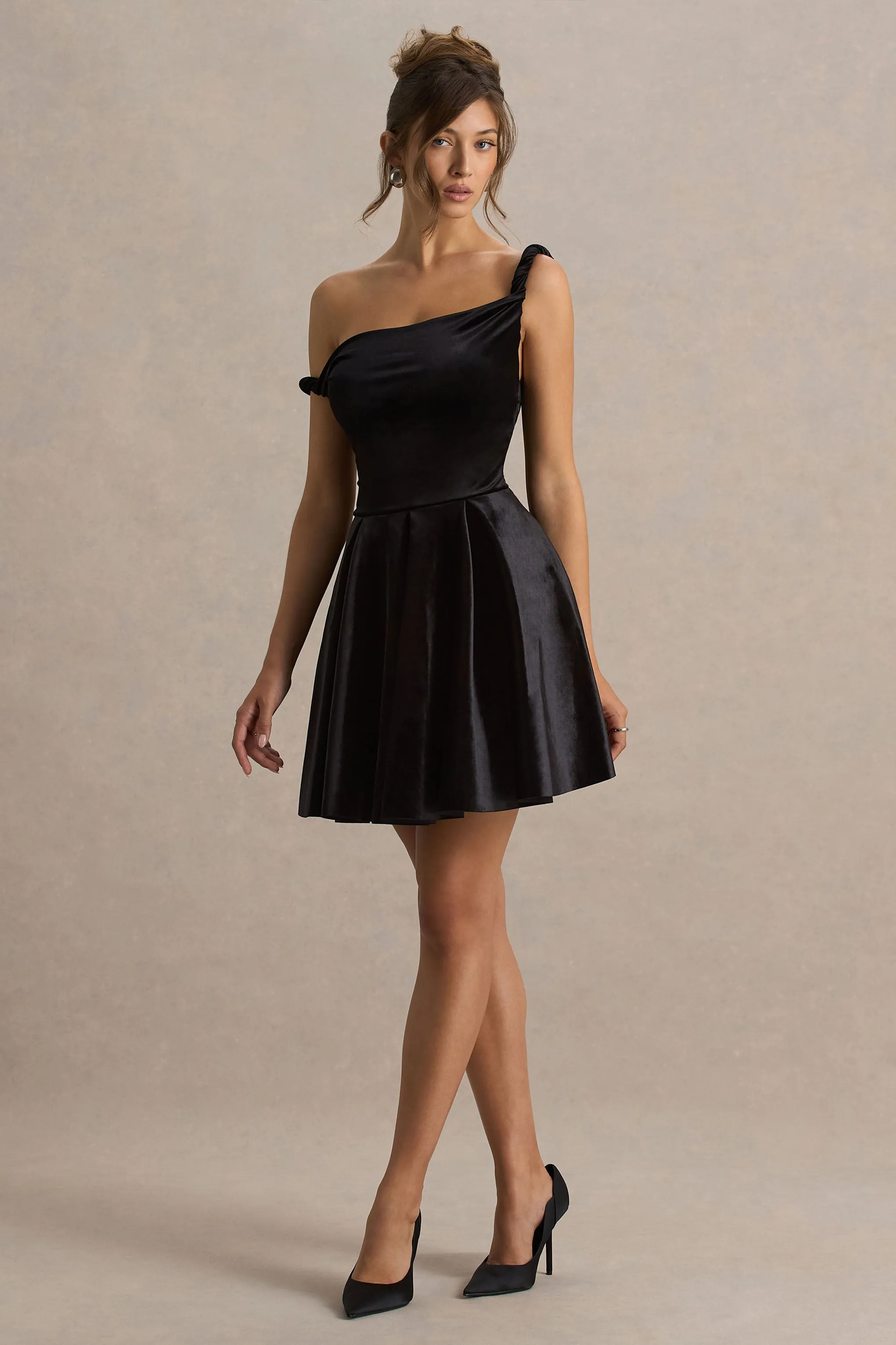Leticia | Black Asymmetric-Neck Velvet Mini Dress With Twist-Sleeve sold by Club L London product image thumbnail 5