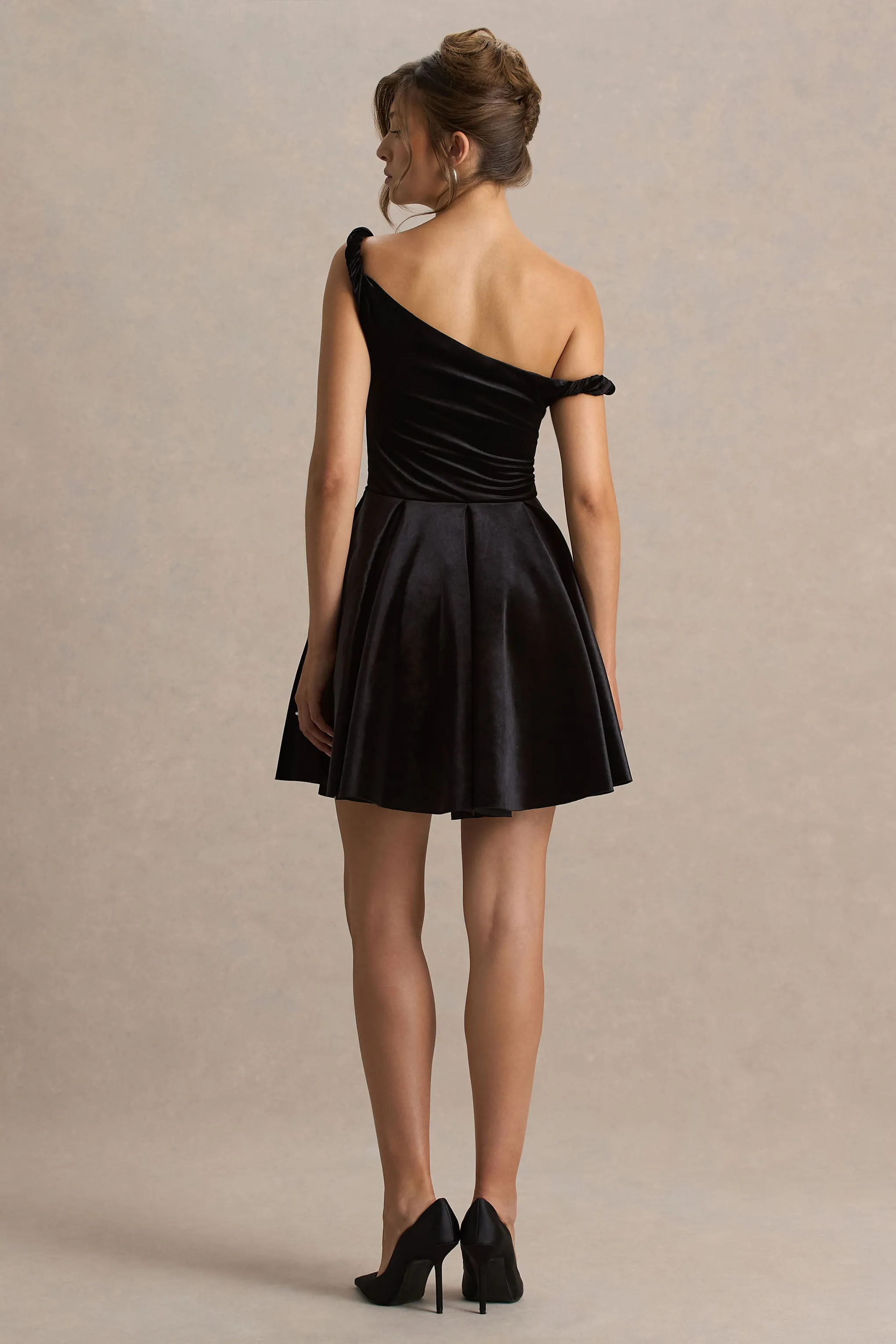 Leticia | Black Asymmetric-Neck Velvet Mini Dress With Twist-Sleeve sold by Club L London product image thumbnail 2
