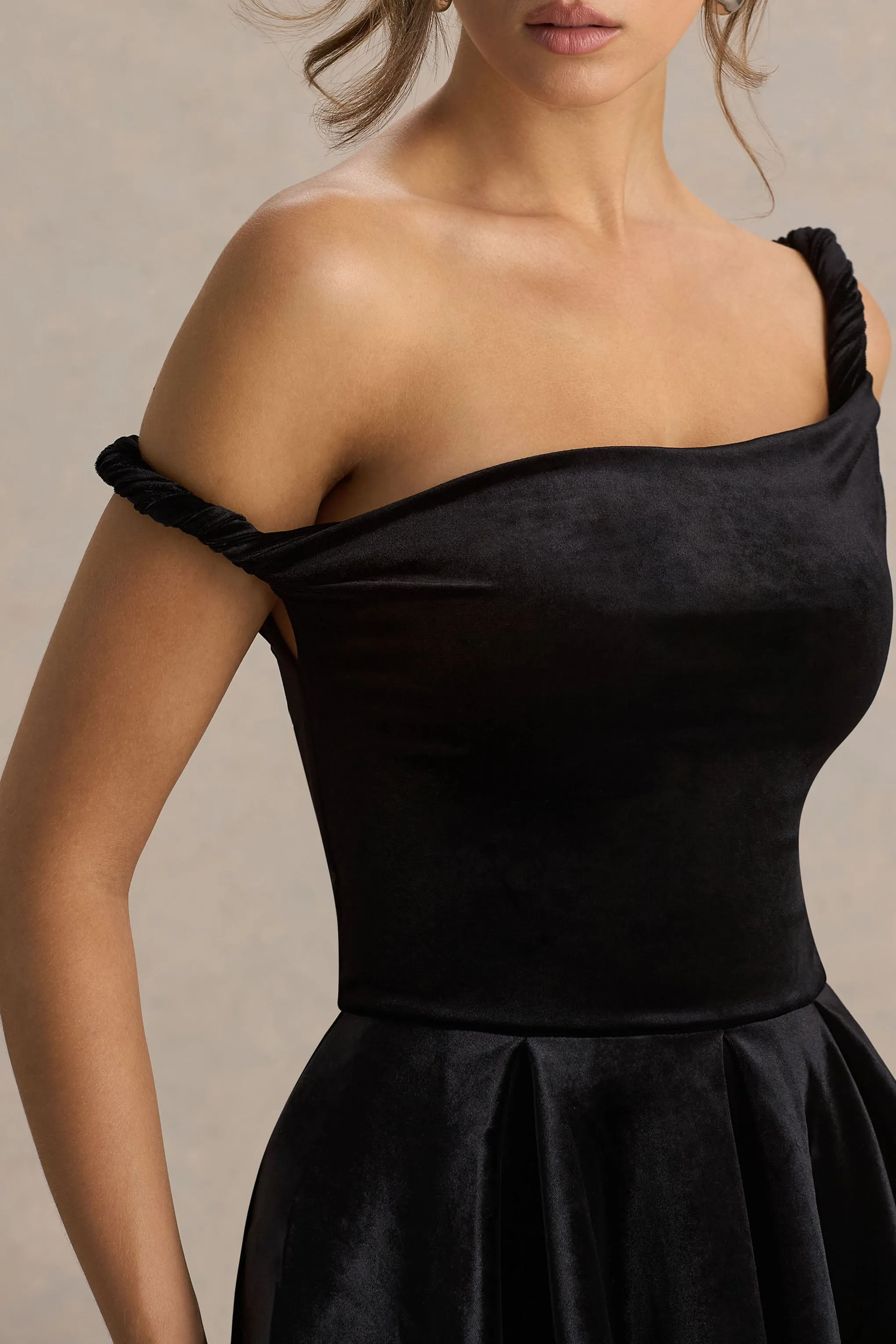 Leticia | Black Asymmetric-Neck Velvet Mini Dress With Twist-Sleeve sold by Club L London product image thumbnail 3