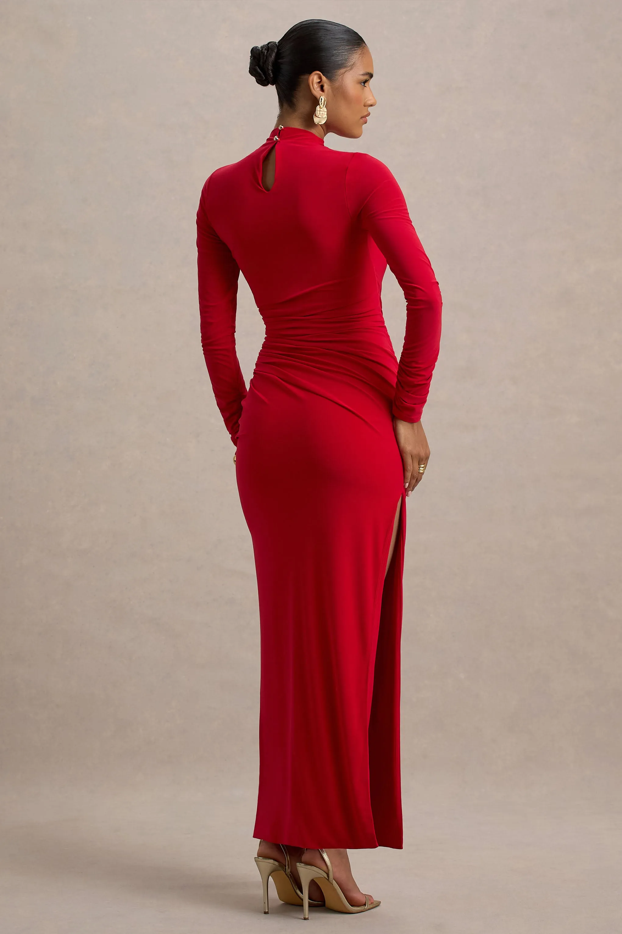 Alluring | Red High Neck Maxi Dress With Ruched Detailing sold by Club L London product image thumbnail 2