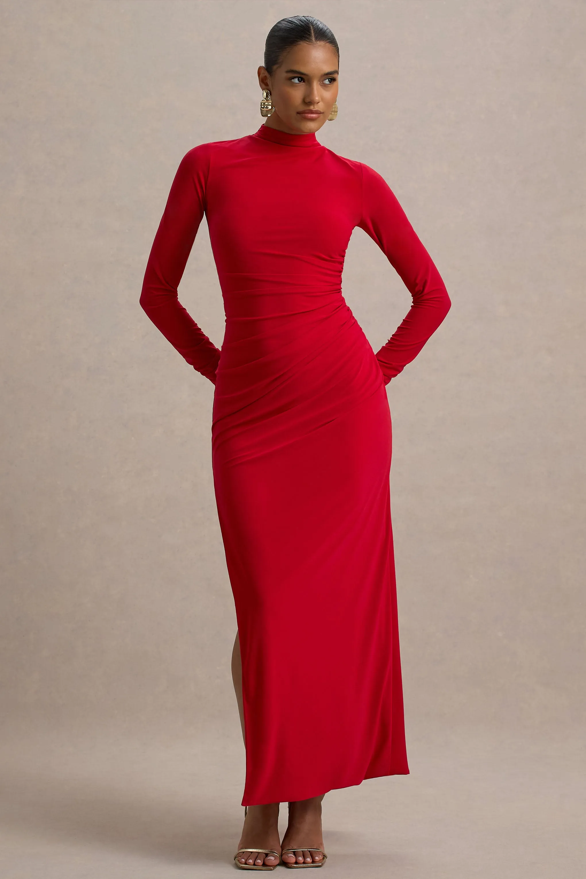 Alluring | Red High Neck Maxi Dress With Ruched Detailing sold by Club L London product image thumbnail 5