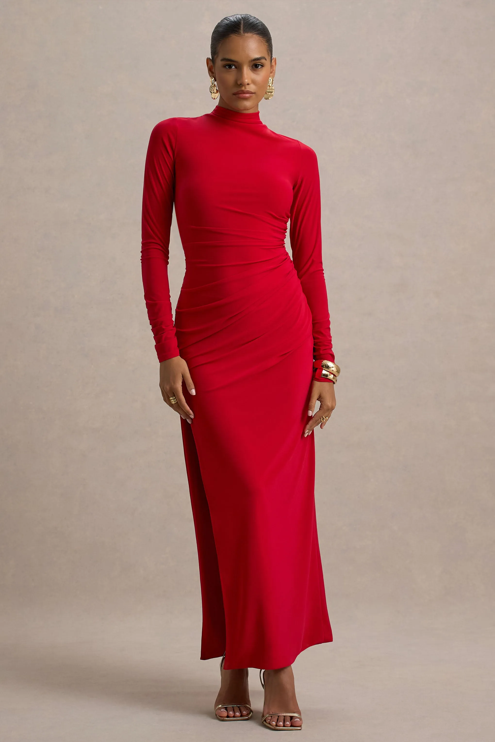 Alluring | Red High Neck Maxi Dress With Ruched Detailing sold by Club L London product image thumbnail 4