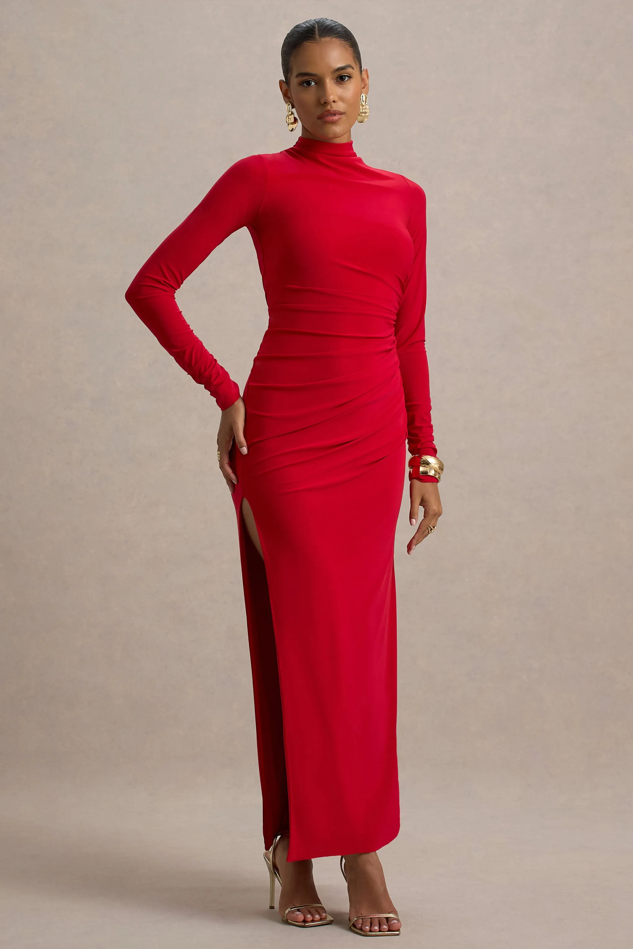 Alluring | Red High Neck Maxi Dress With Ruched Detailing sold by Club L London