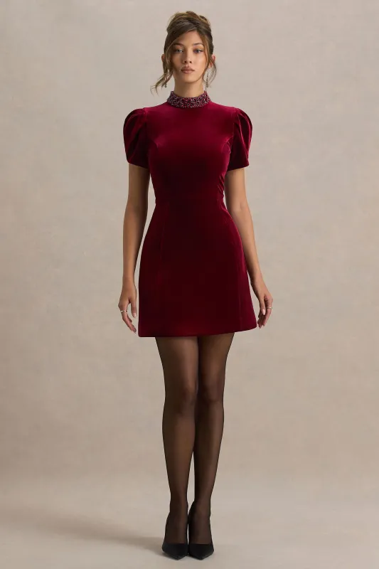 Margot | Burgundy High-Neck Velvet Mini Dress With Embellished Detail sold by Club L London