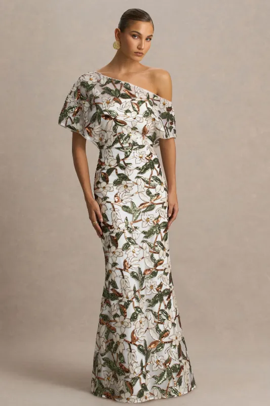 Iony | White And Green Sequin Floral And Mesh Asymmetric-Neck Maxi Dress sold by Club L London