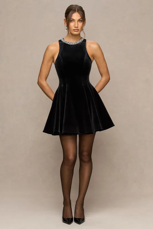 Meva | Black Velvet Embellished High-Neck Mini Dress sold by Club L London