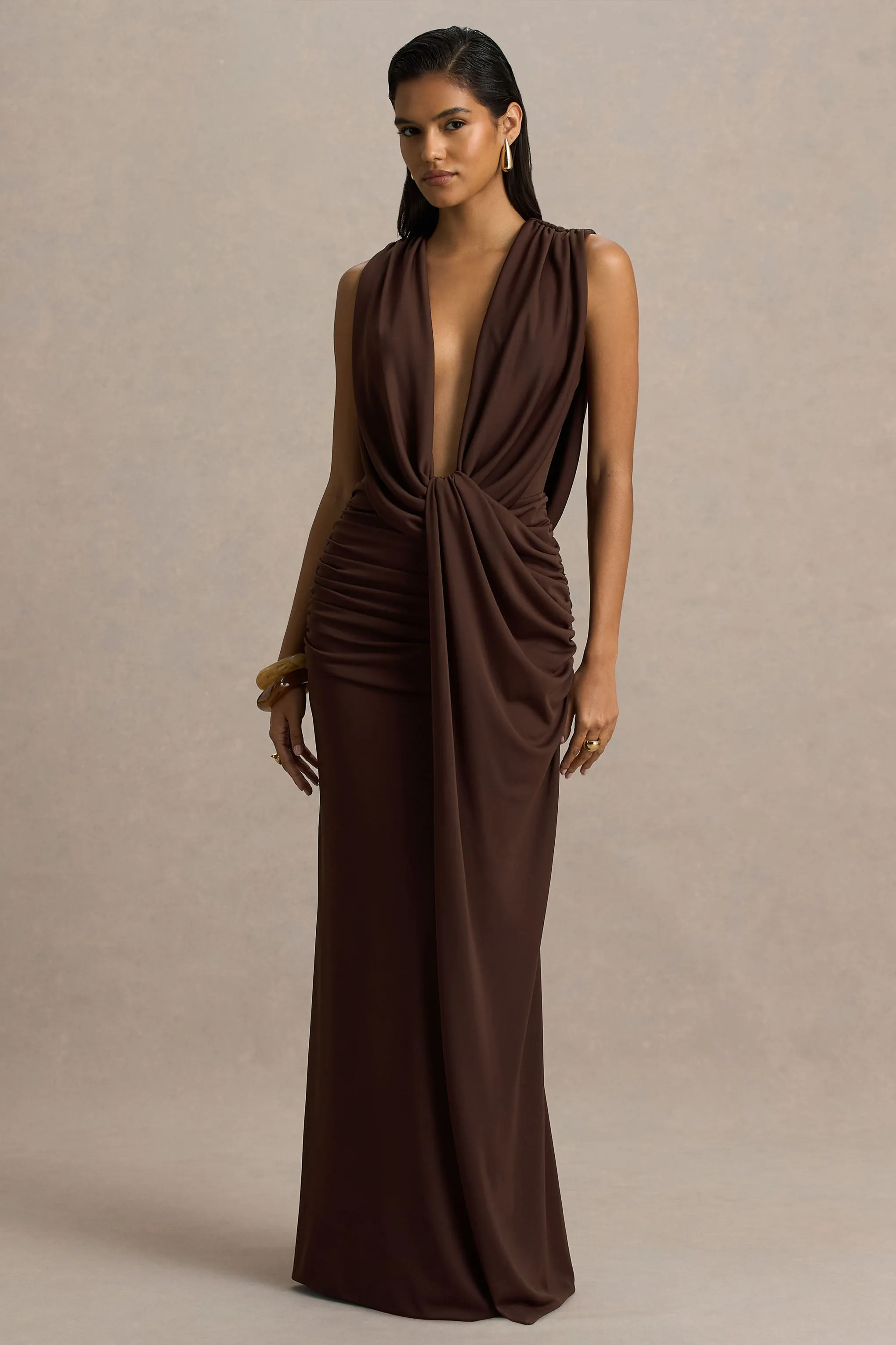 Serafina | Chocolate Extreme-Plunge Neck Maxi Dress With Wrap And Ruched Details sold by Club L London product image thumbnail 4
