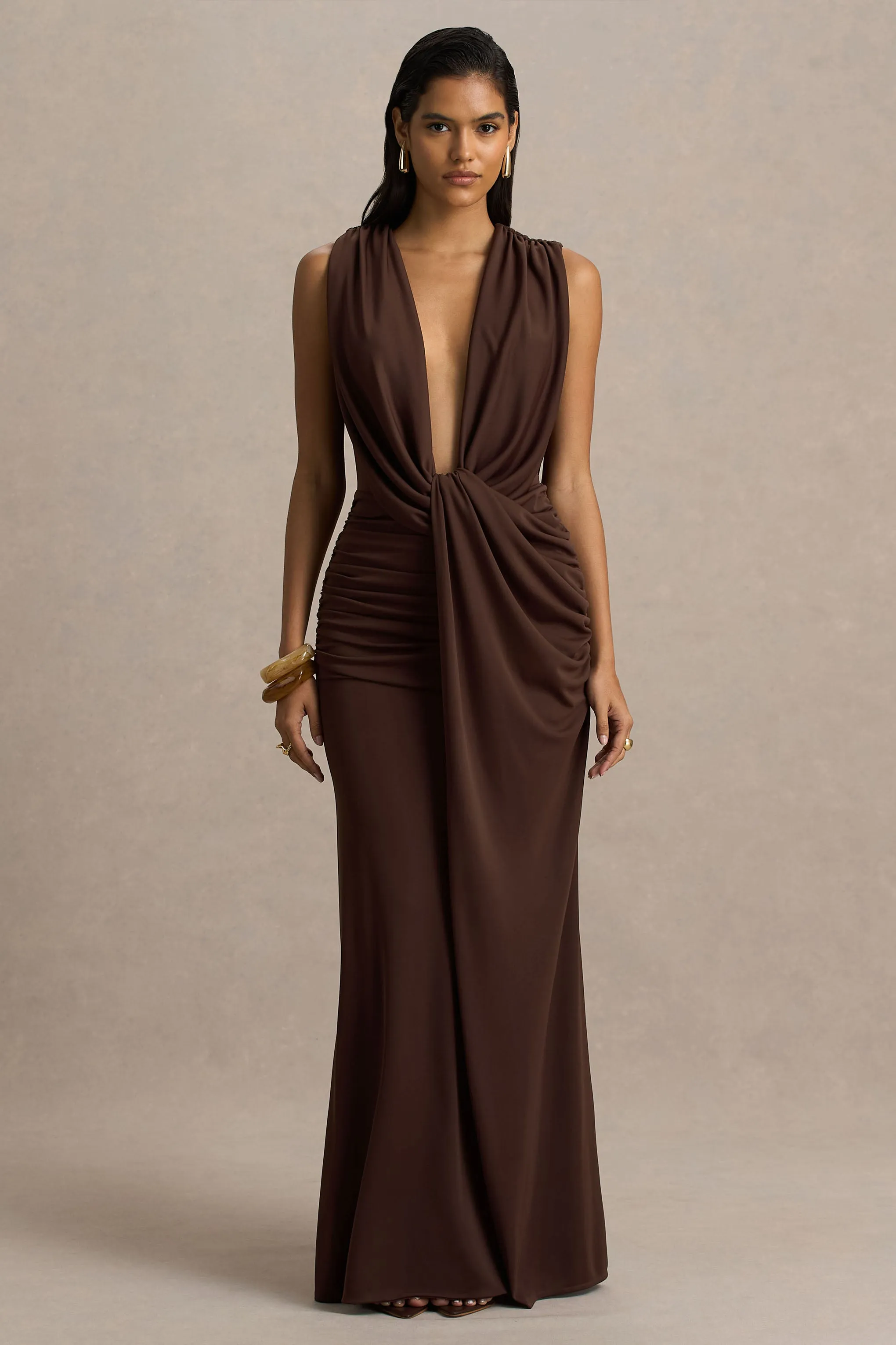 Serafina | Chocolate Extreme-Plunge Neck Maxi Dress With Wrap And Ruched Details sold by Club L London