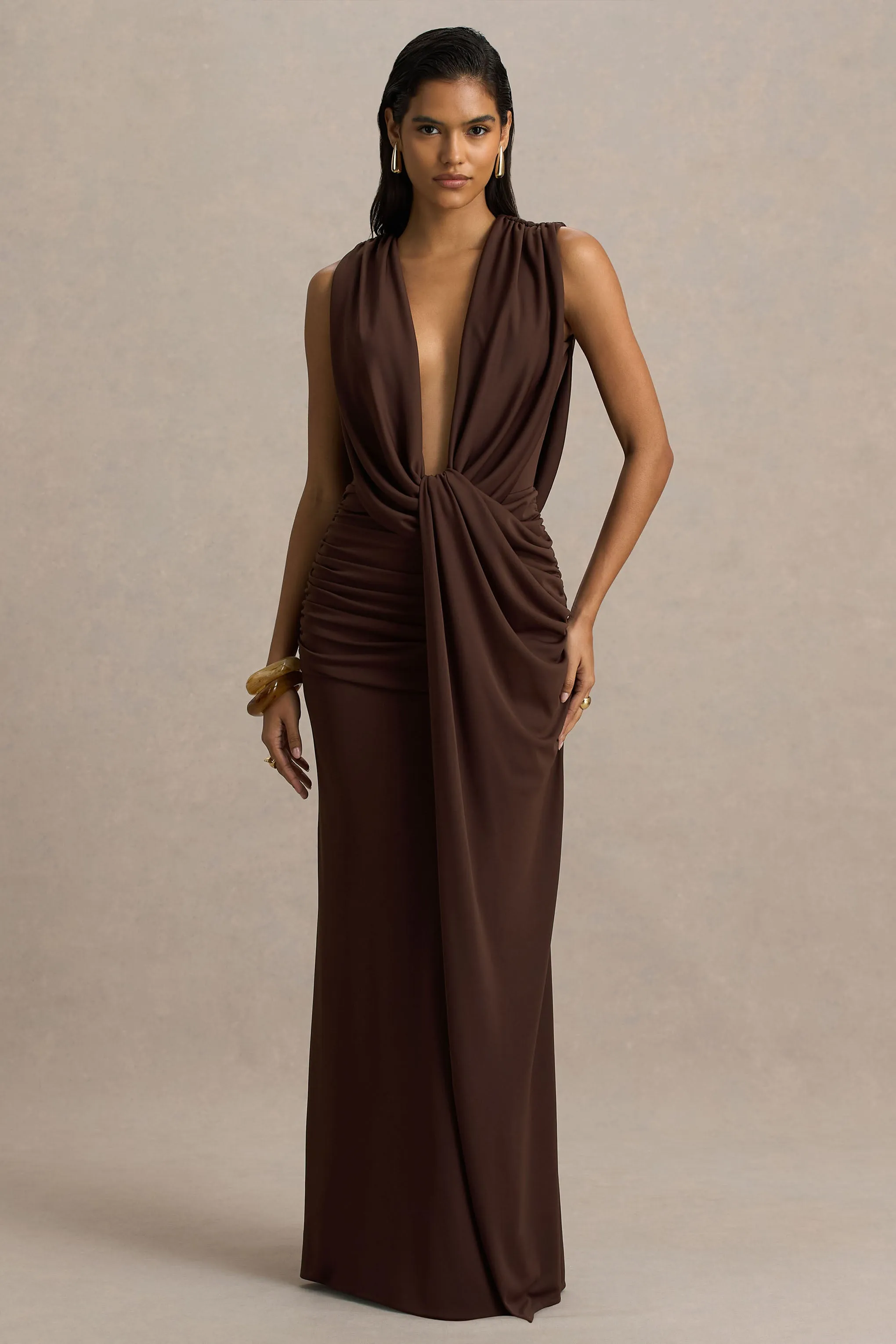 Serafina | Chocolate Extreme-Plunge Neck Maxi Dress With Wrap And Ruched Details sold by Club L London product image thumbnail 5