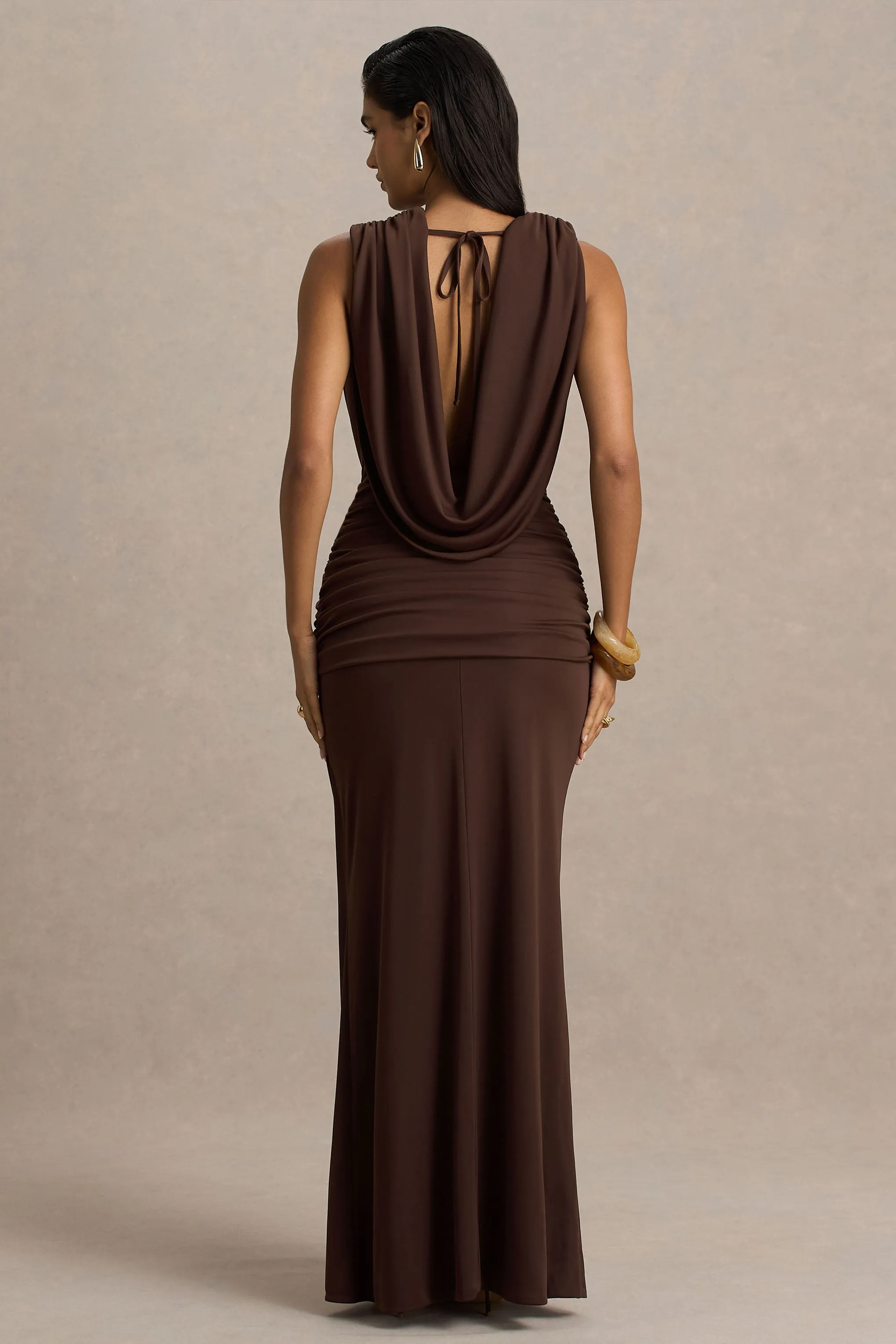 Serafina | Chocolate Extreme-Plunge Neck Maxi Dress With Wrap And Ruched Details sold by Club L London product image thumbnail 2