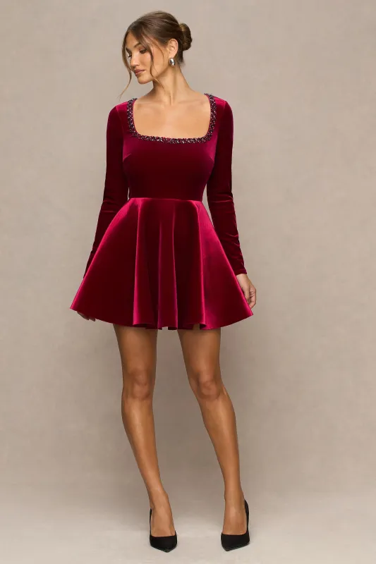 Beloved | Burgundy Velvet Embellished Square-Neck Mini Dress sold by Club L London