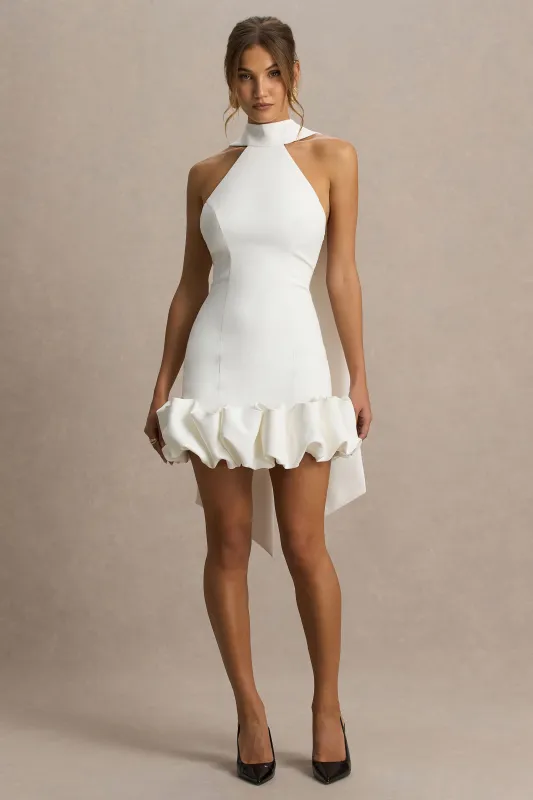 Geneve | White Halter-Neck Mini Dress With Ruffled Trim sold by Club L London