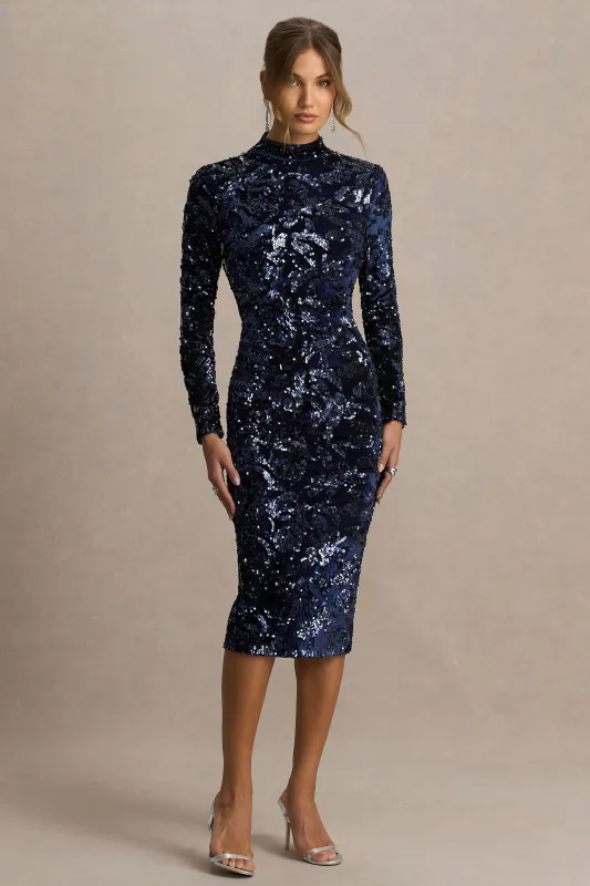 Alanita | Navy Velvet And Sequin High-Neck Midi Dress With Long Sleeves sold by Club L London