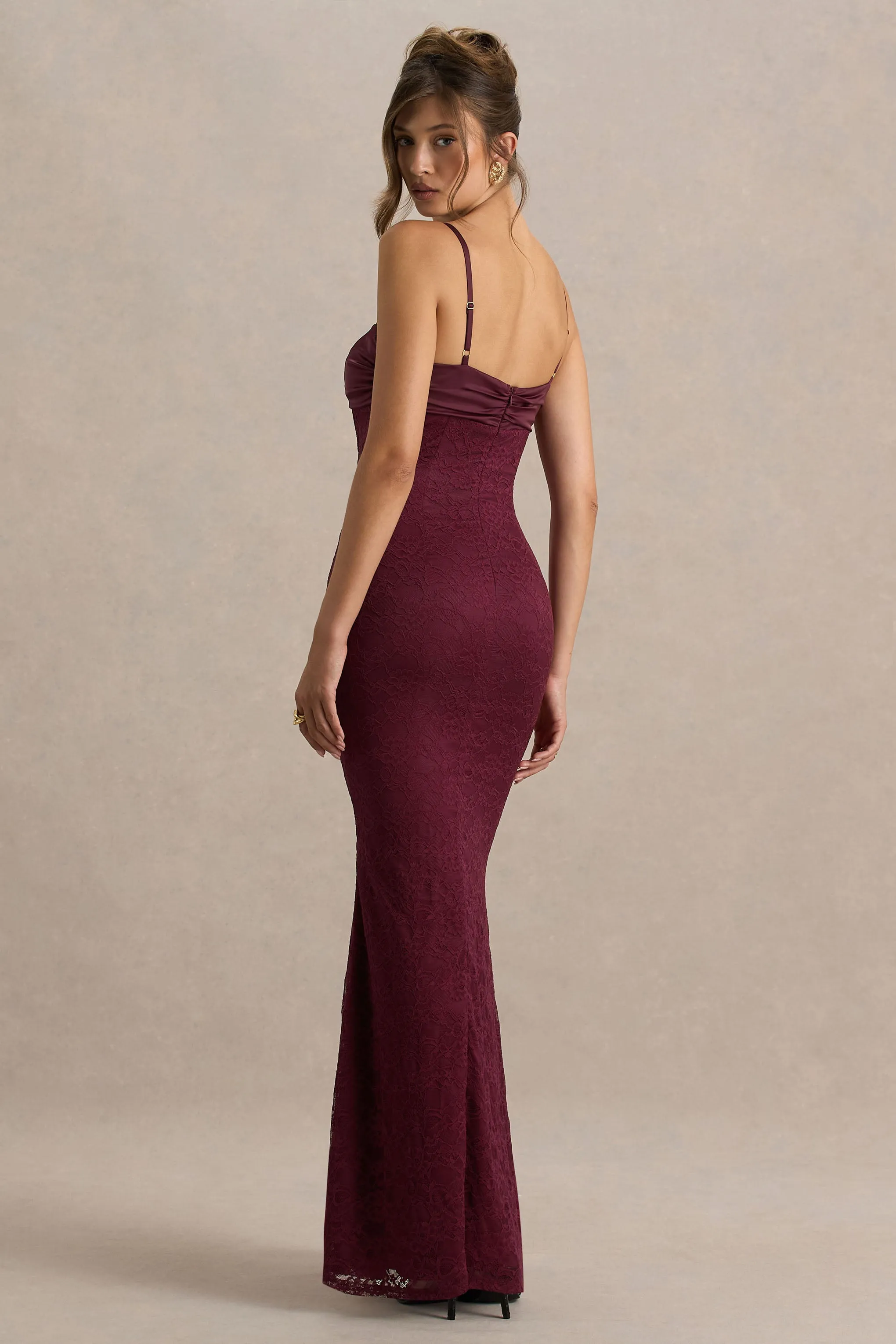 Juana | Burgundy Sweetheart-Neck Satin And Lace Maxi Dress sold by Club L London product image thumbnail 2
