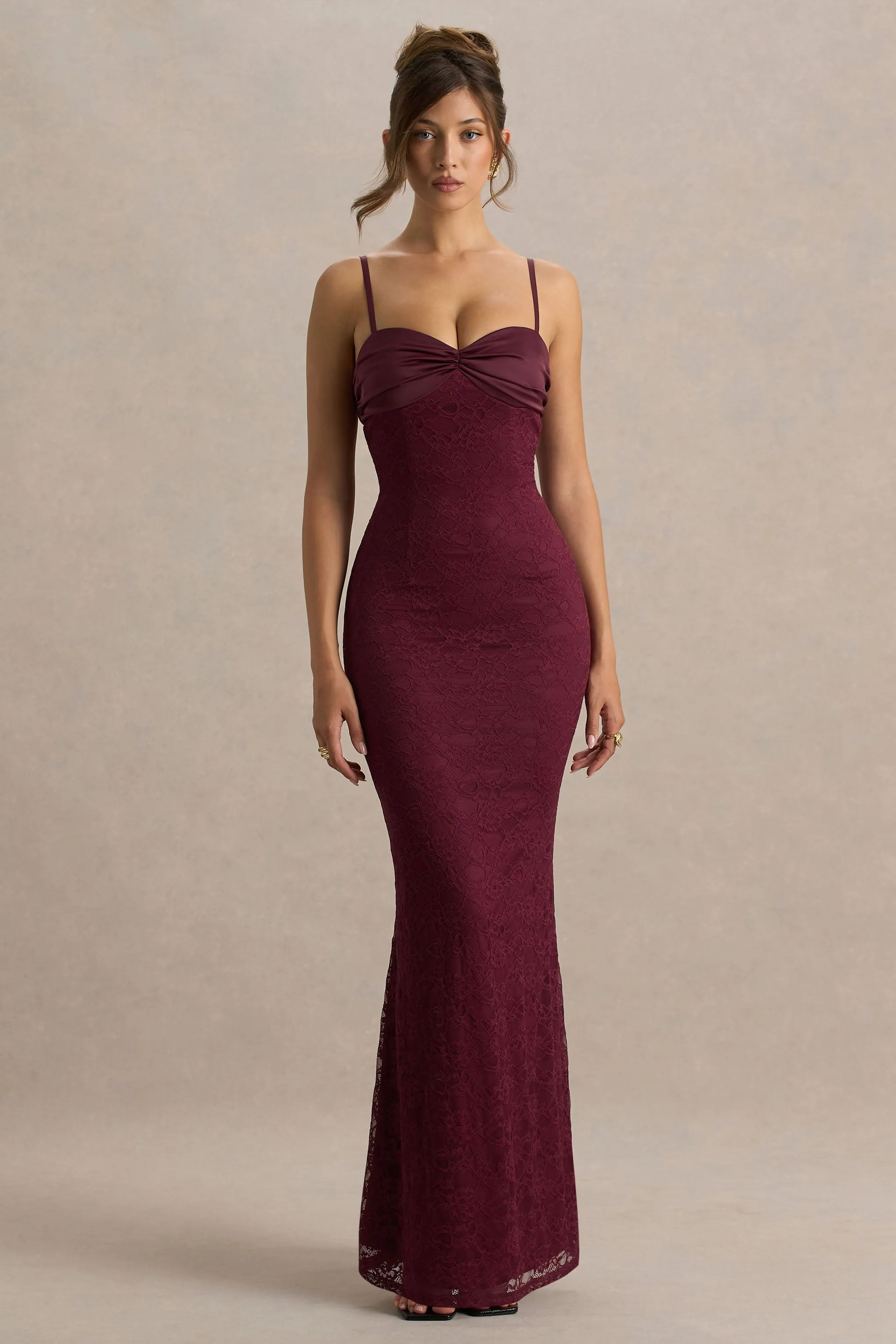 Juana | Burgundy Sweetheart-Neck Satin And Lace Maxi Dress sold by Club L London product image thumbnail 4