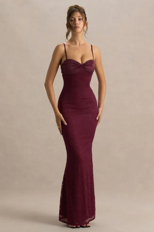 Juana | Burgundy Sweetheart-Neck Satin And Lace Maxi Dress sold by Club L London