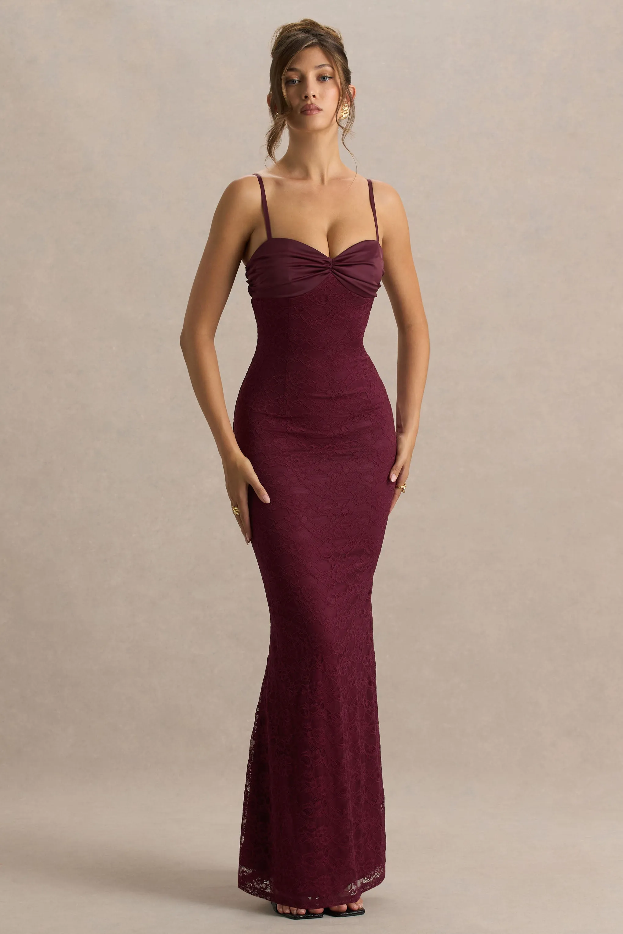 Juana | Burgundy Sweetheart-Neck Satin And Lace Maxi Dress sold by Club L London