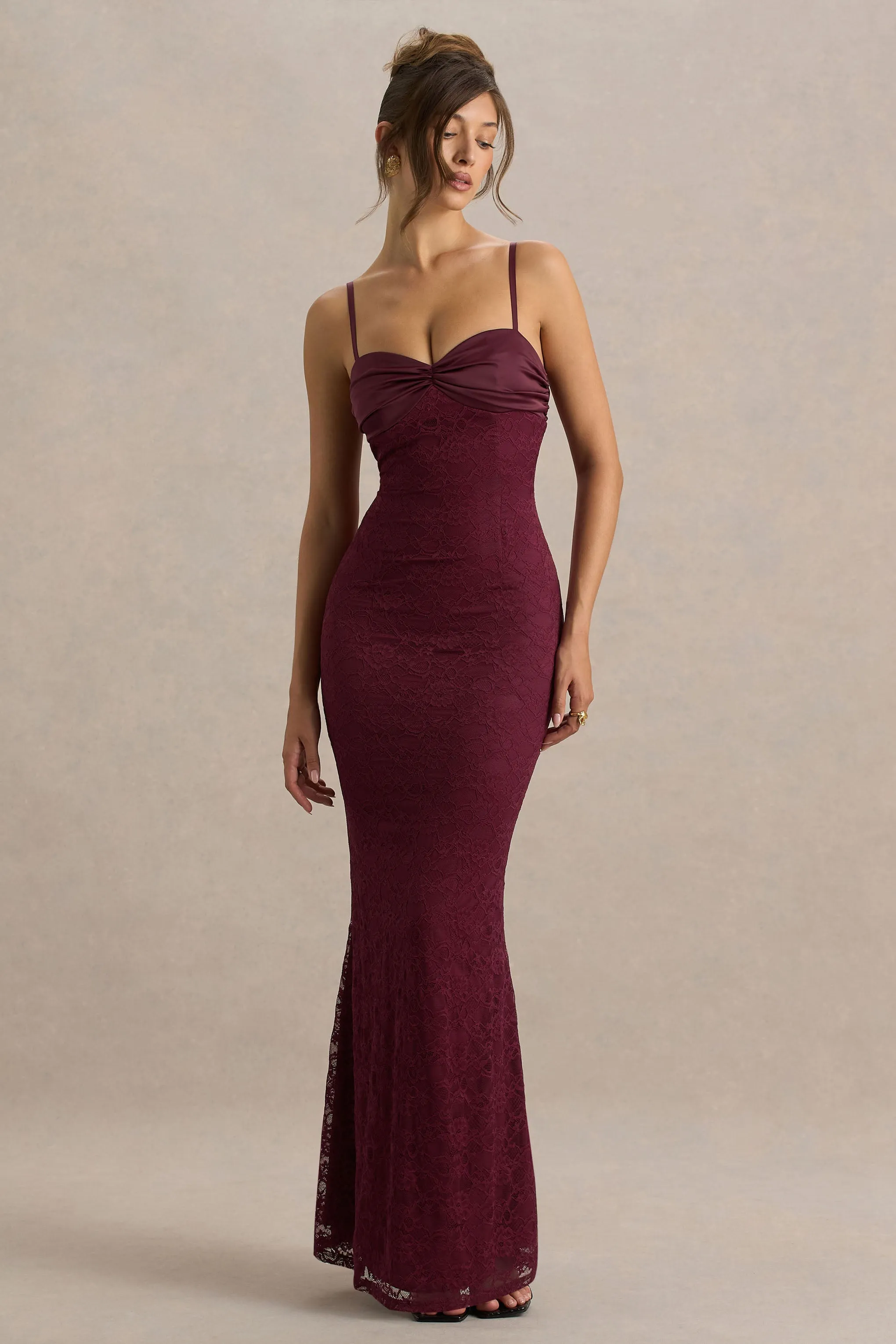 Juana | Burgundy Sweetheart-Neck Satin And Lace Maxi Dress sold by Club L London product image thumbnail 5