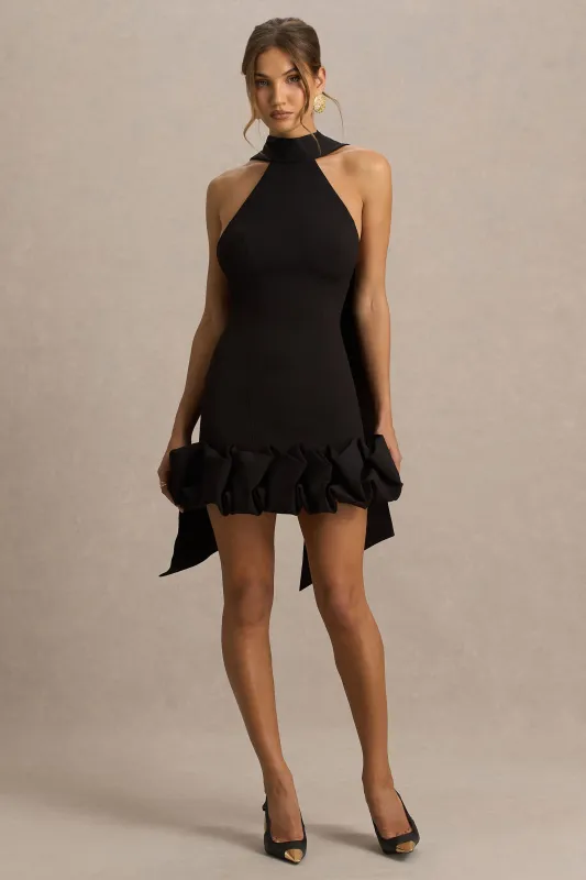 Geneve | Black Halter-Neck Mini Dress With Ruffled Trim sold by Club L London