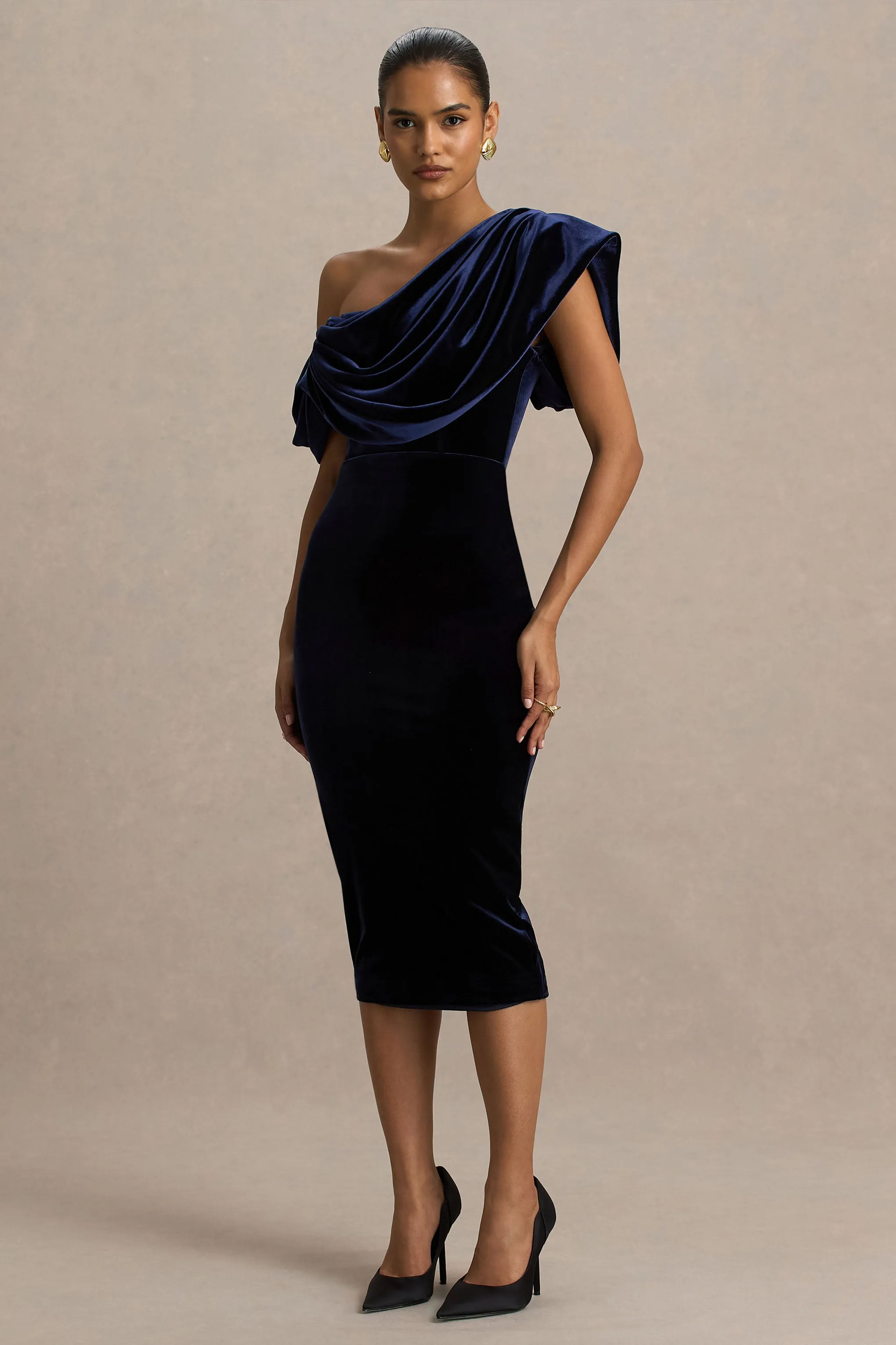 High End | Navy Velvet Asymmetric-Neck Midi Dress With Draped Detailing sold by Club L London product image thumbnail 4
