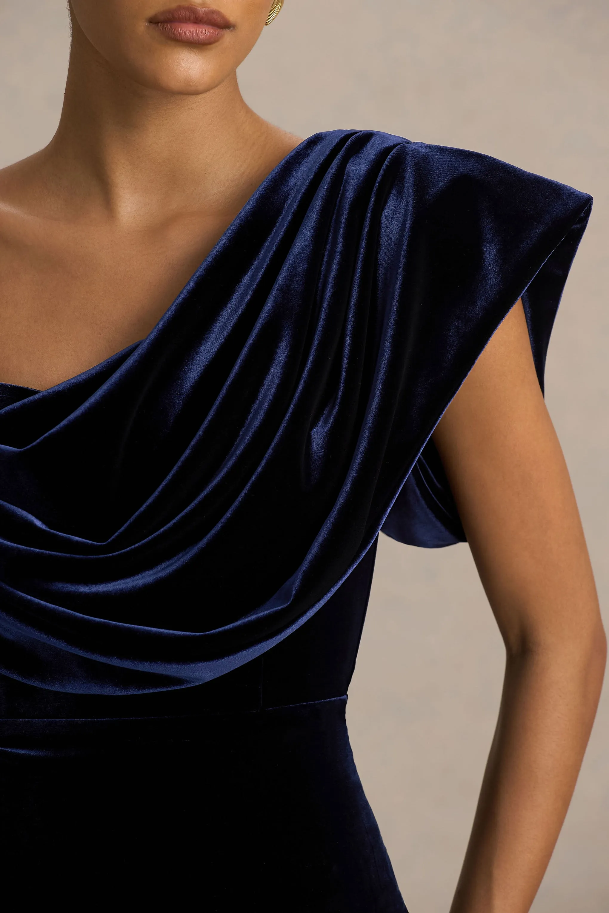 High End | Navy Velvet Asymmetric-Neck Midi Dress With Draped Detailing sold by Club L London product image thumbnail 3