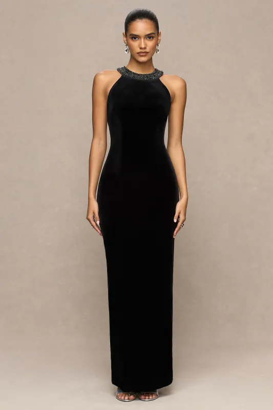Darya | Black Velvet Embellished High-Neck Maxi Dress sold by Club L London