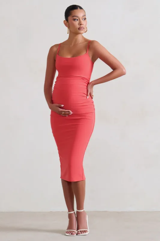 Raquel | Coral Maternity Cami Midi Dress With Split sold by Club L London