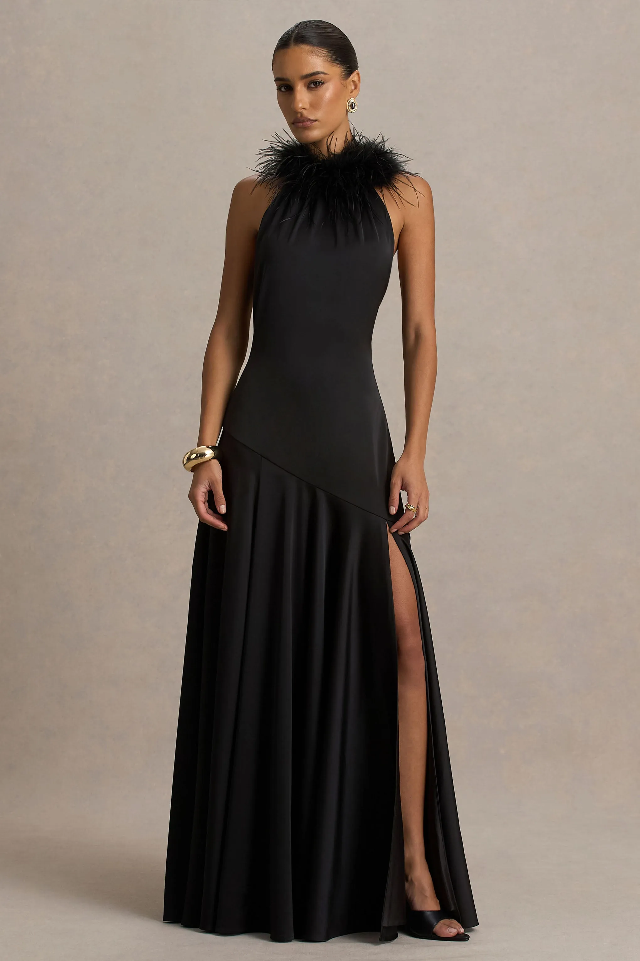 Jemima | Black Satin Halter-Neck Maxi Dress With Feather Trim sold by Club L London product image thumbnail 4