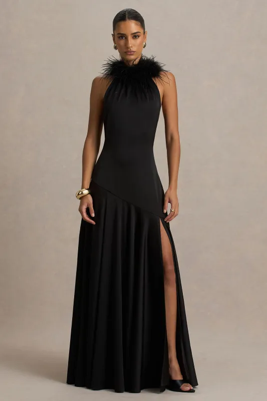 Jemima | Black Satin Halter-Neck Maxi Dress With Feather Trim sold by Club L London