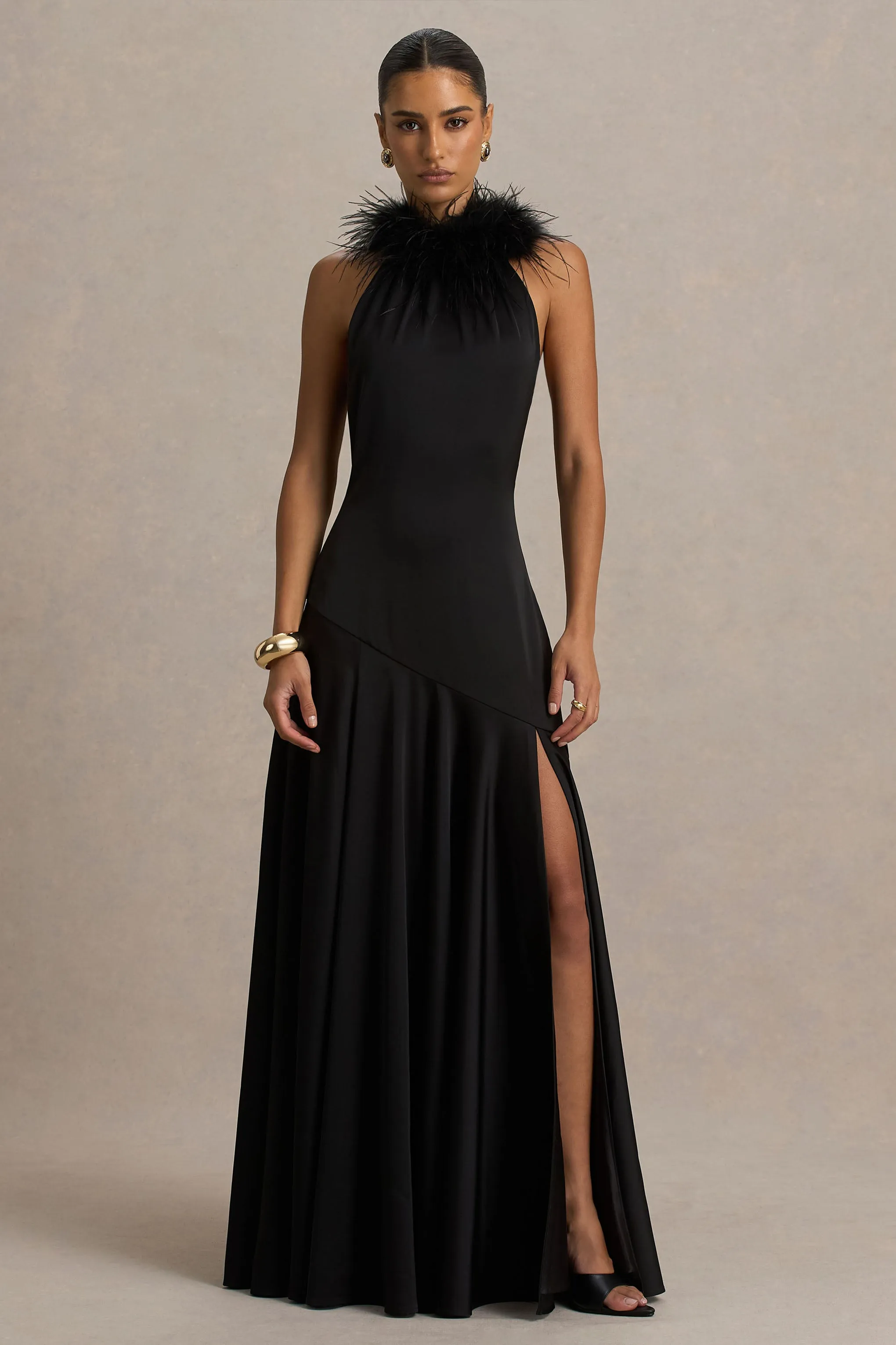 Jemima | Black Satin Halter-Neck Maxi Dress With Feather Trim sold by Club L London