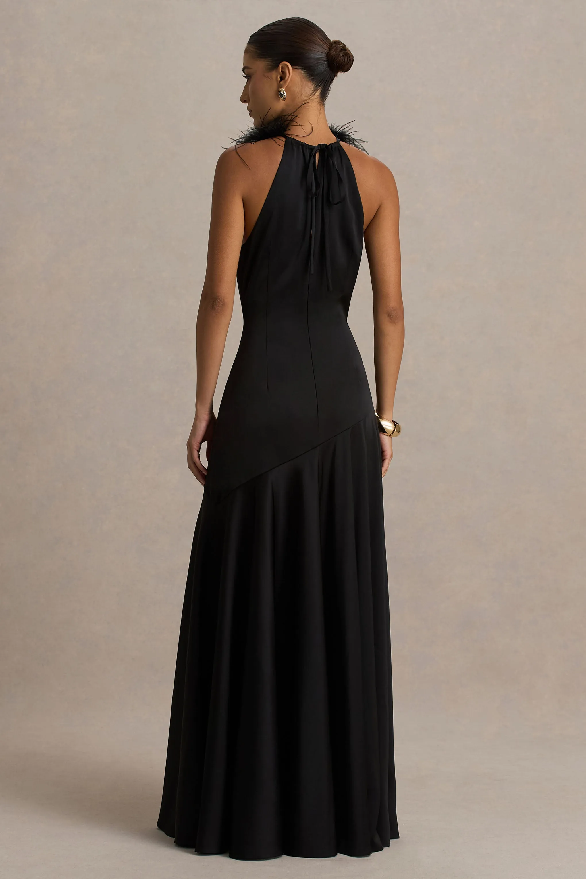 Jemima | Black Satin Halter-Neck Maxi Dress With Feather Trim sold by Club L London product image thumbnail 2