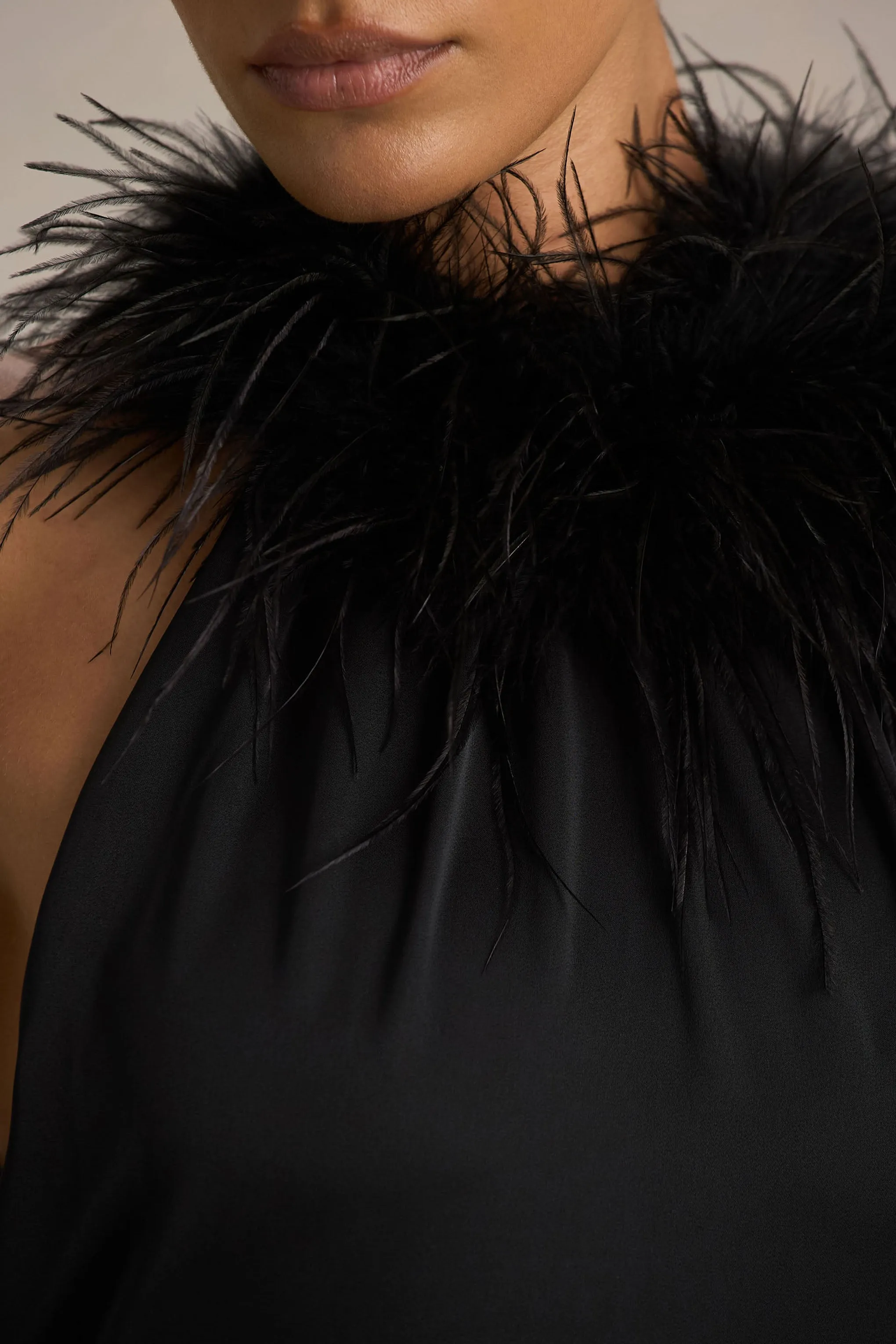 Jemima | Black Satin Halter-Neck Maxi Dress With Feather Trim sold by Club L London product image thumbnail 3