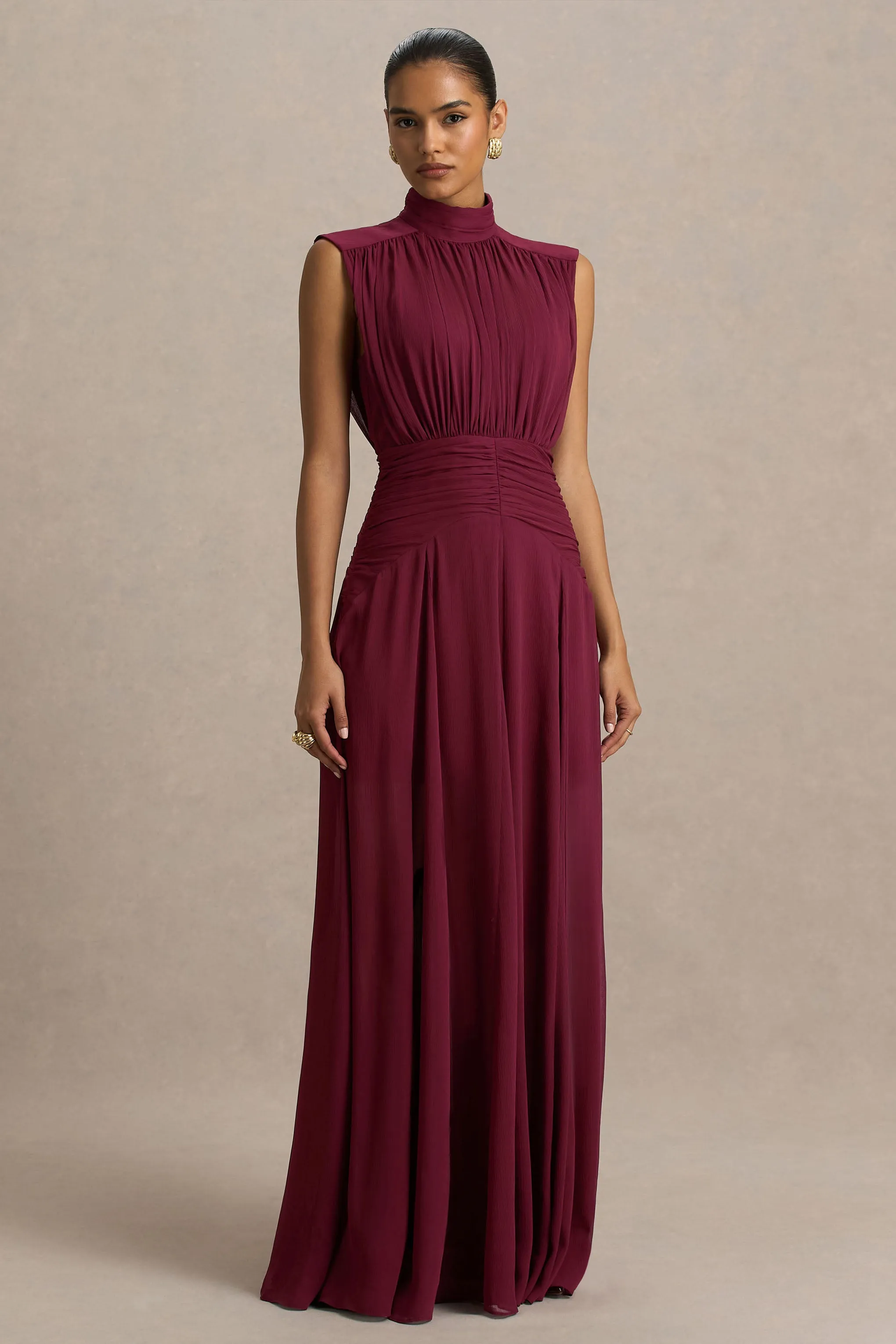 Melanina | Burgundy High-Neck Maxi Dress With Ruched Detailing sold by Club L London product image thumbnail 4