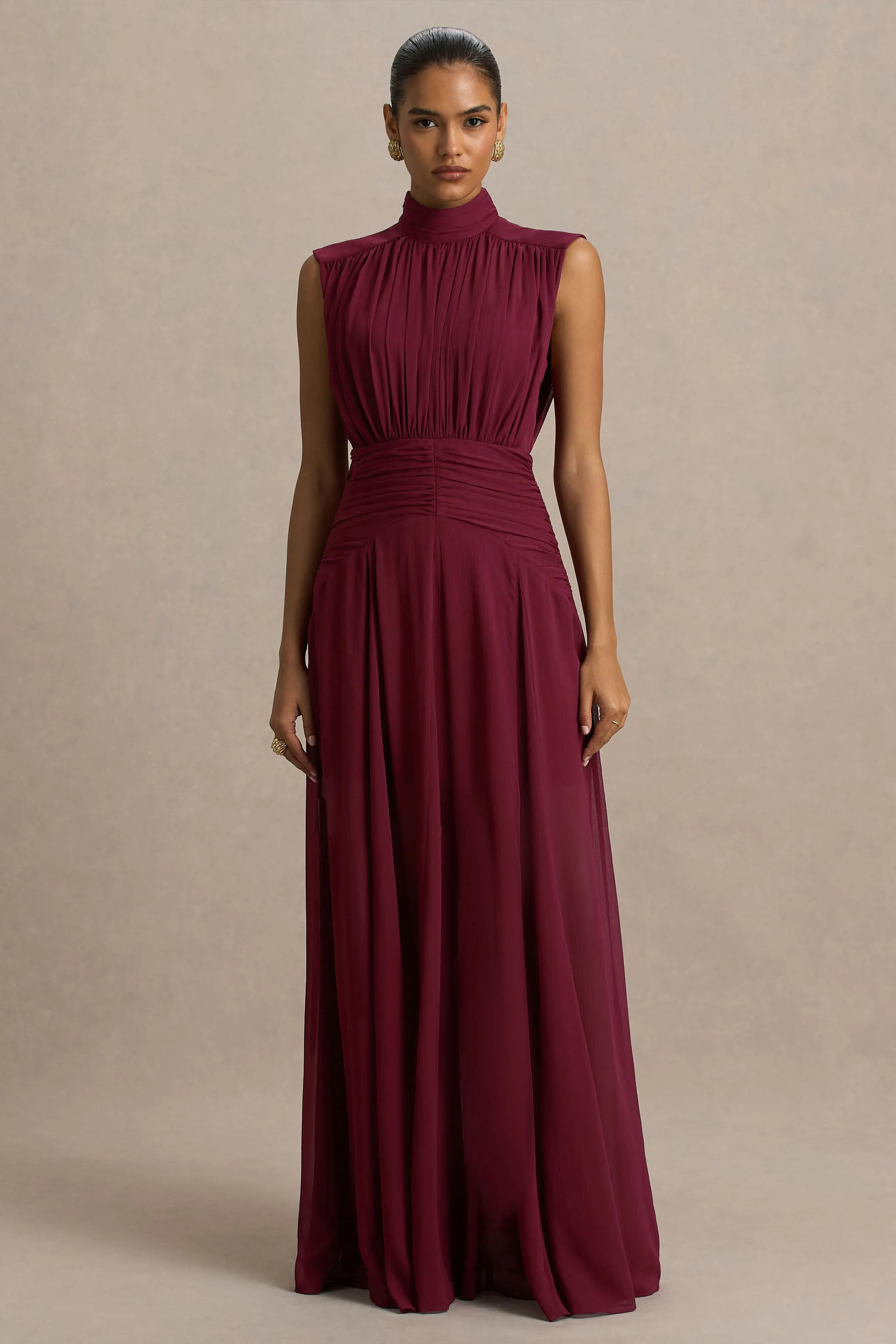 Melanina | Burgundy High-Neck Maxi Dress With Ruched Detailing sold by Club L London