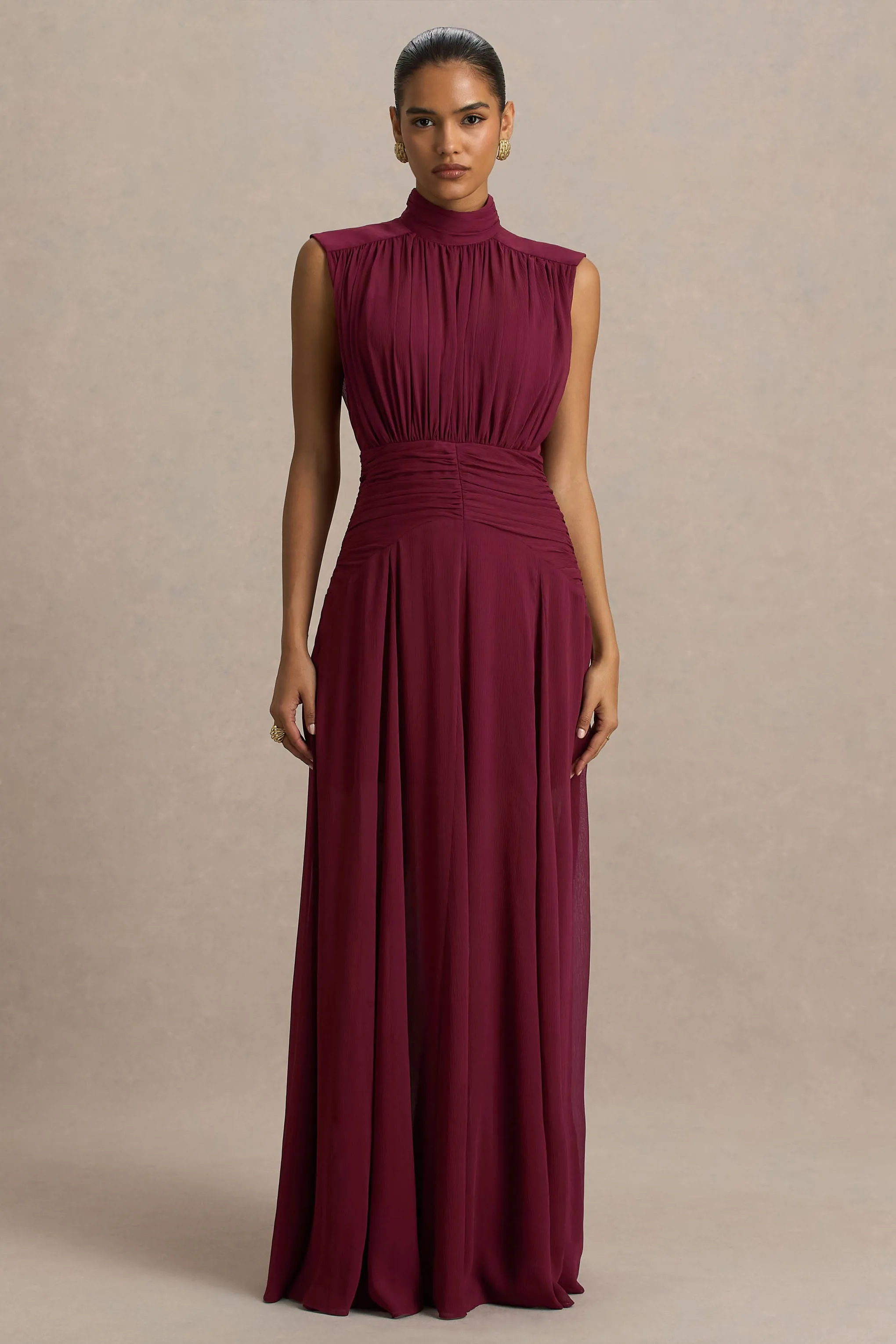 Melanina | Burgundy High-Neck Maxi Dress With Ruched Detailing sold by Club L London product image thumbnail 5