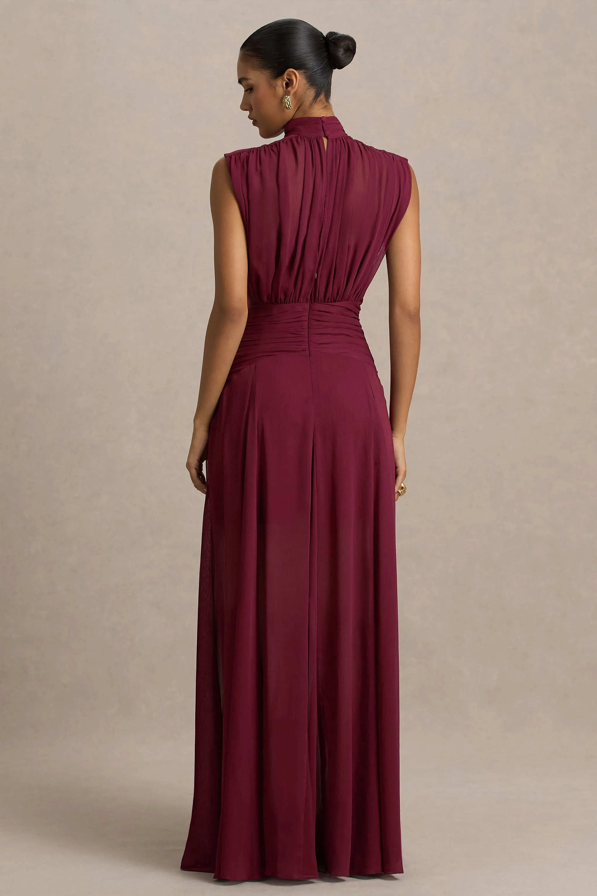 Melanina | Burgundy High-Neck Maxi Dress With Ruched Detailing sold by Club L London product image thumbnail 2