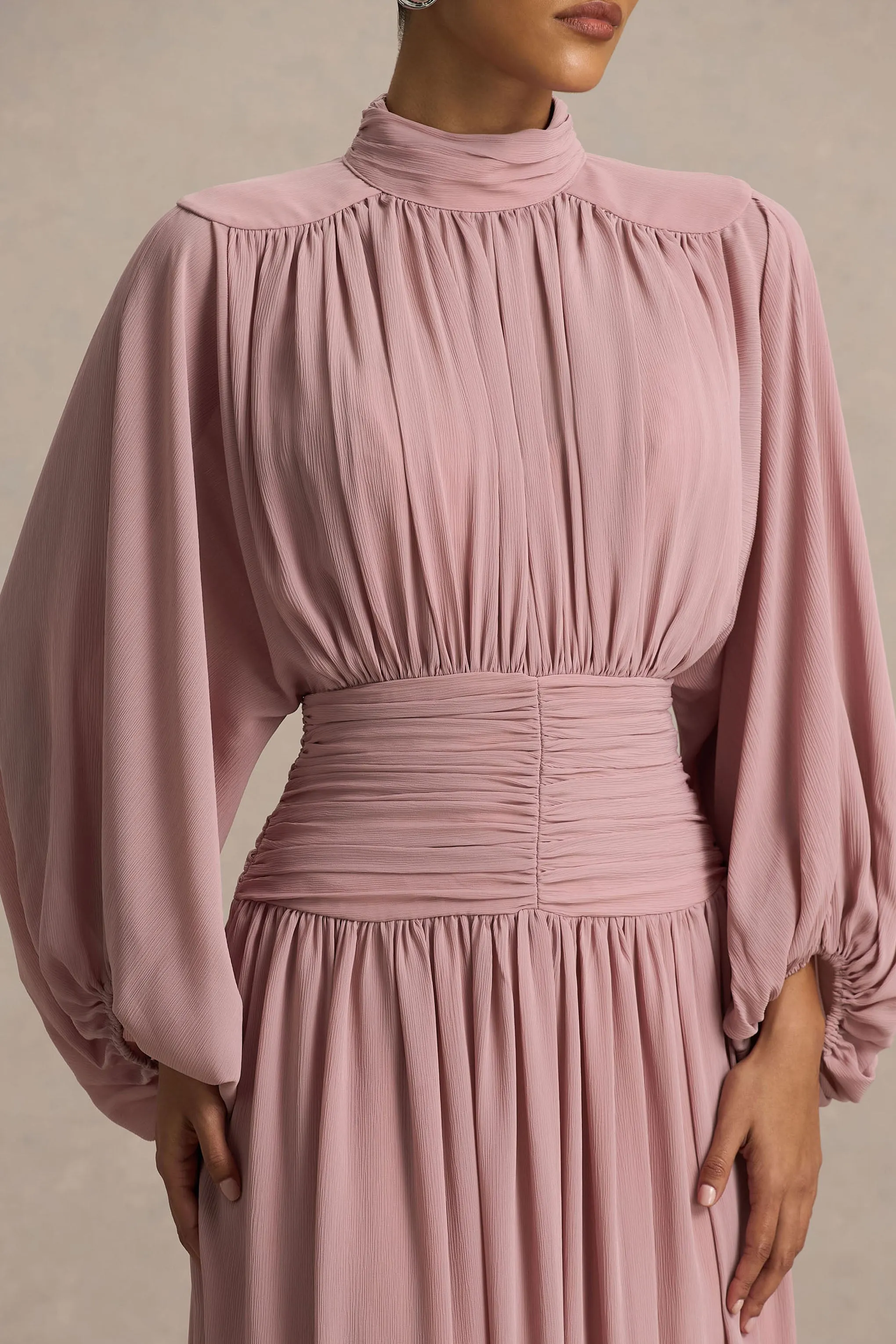 Annabel | Dusty Pink High-Neck Midi Dress With Drop-Waist And Pleated Detailing sold by Club L London product image thumbnail 3